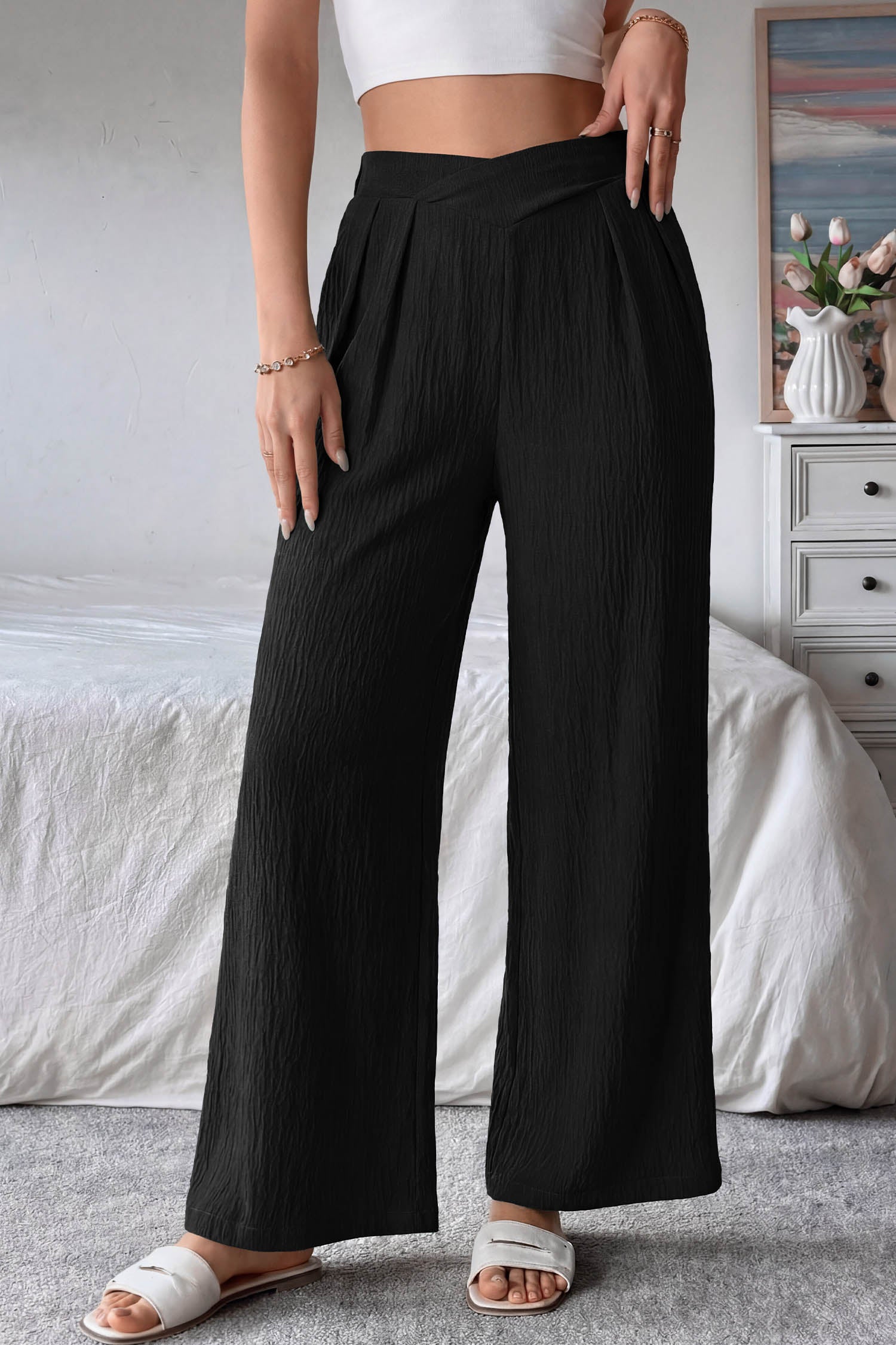 Color black Solid Color Textured Crossed Waist Loose Pants 🇺🇸