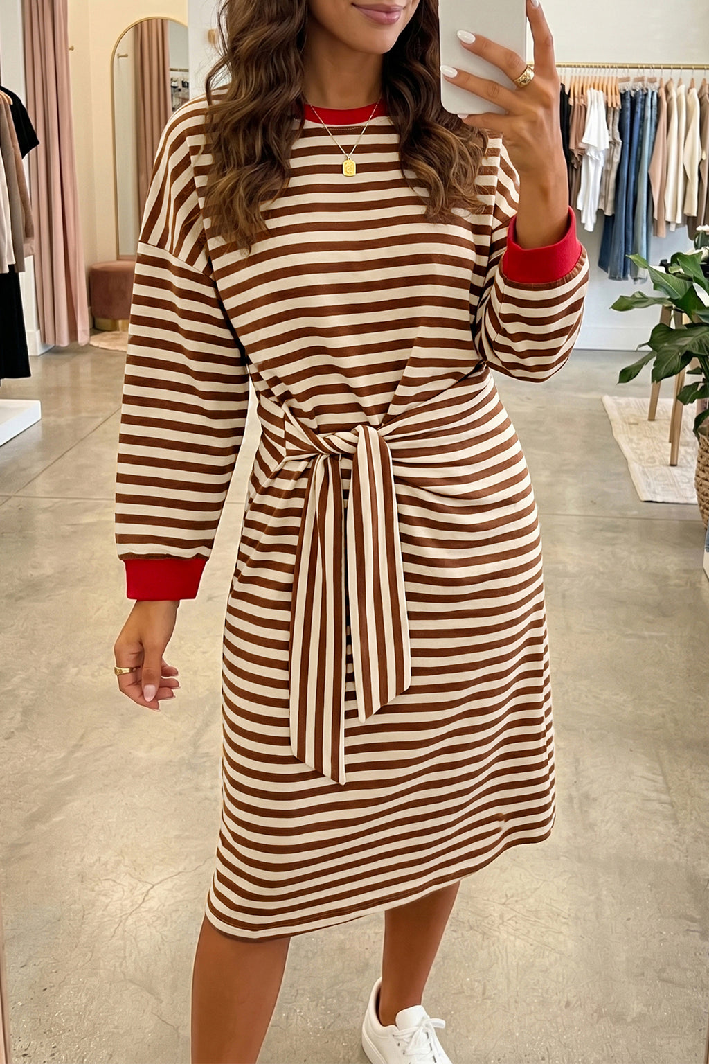 Brown Stripe Striped Colorblock Cuffs Round Neck Long Sleeve Shift Dress 🇺🇸