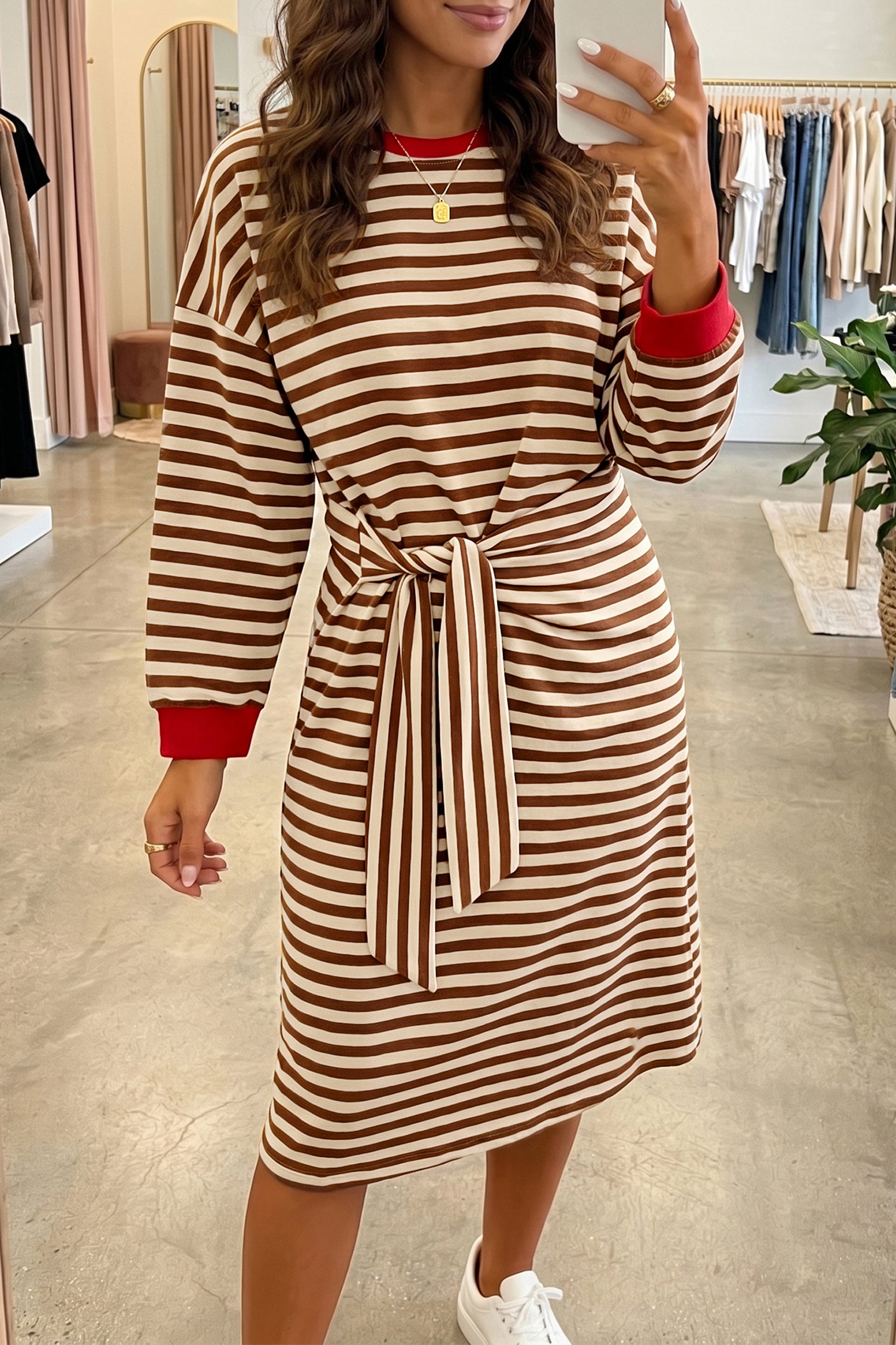 Brown Stripe Striped Colorblock Cuffs Round Neck Long Sleeve Shift Dress 🇺🇸