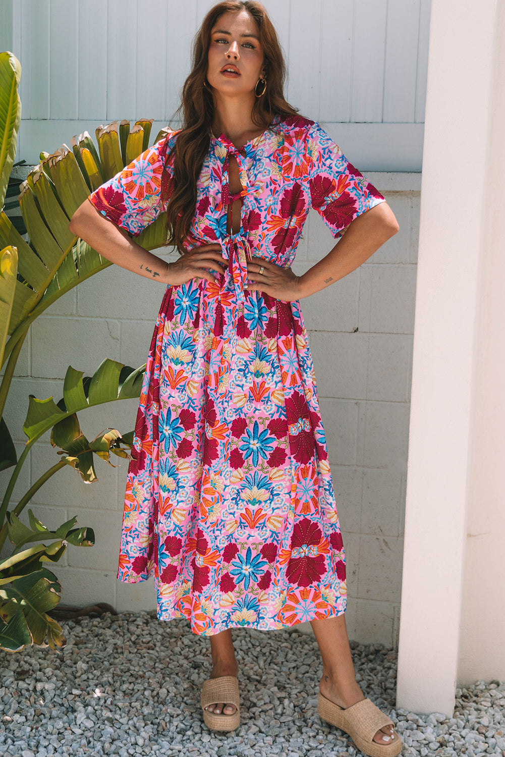 Rose Floral Tied Front High Waist Short Sleeve Loose Long Dress 🇺🇸