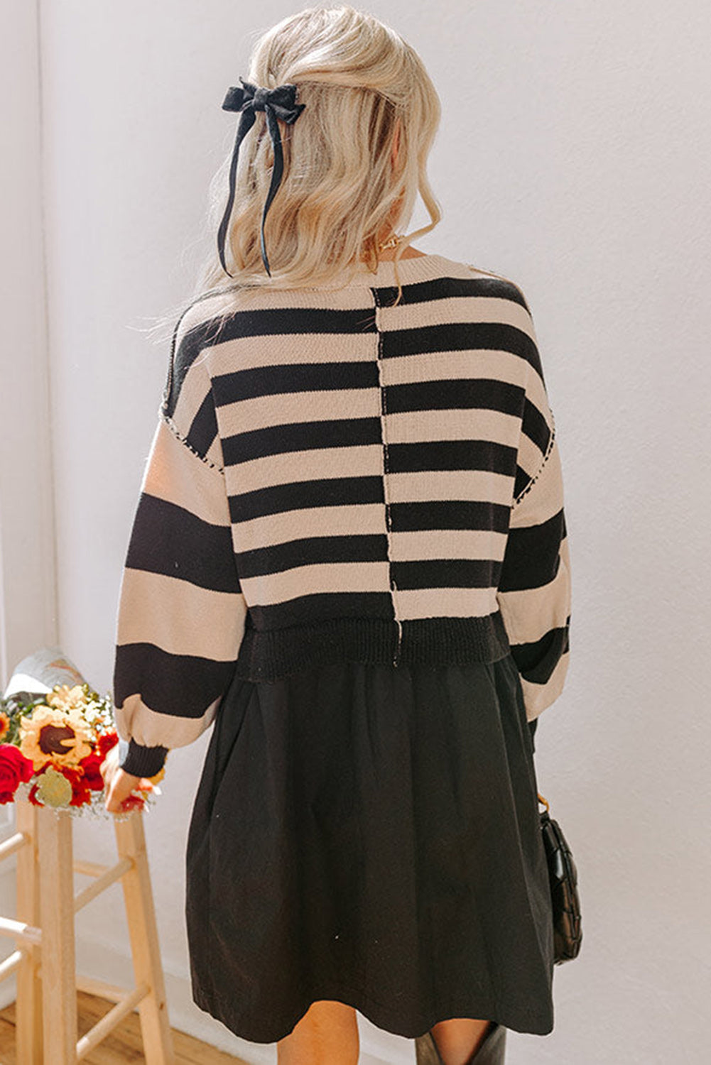 Black Stripe Two in One Knitted Top High Waist Splicing Hem Sweater Dress 🇺🇲