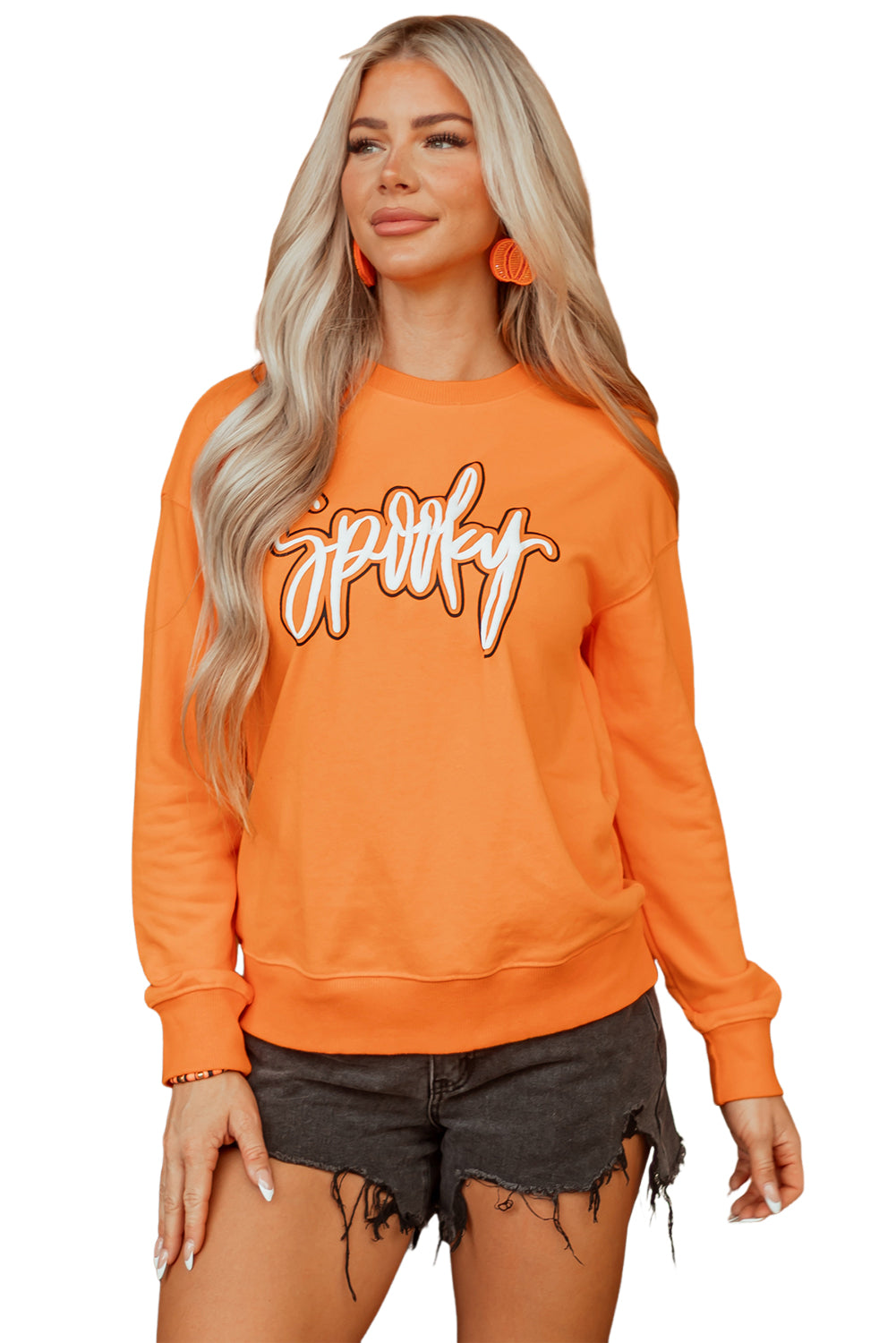 Grapefruit Orange Spooky Graphic Halloween Crew Neck Holiday Sweatshirt 🇺🇸