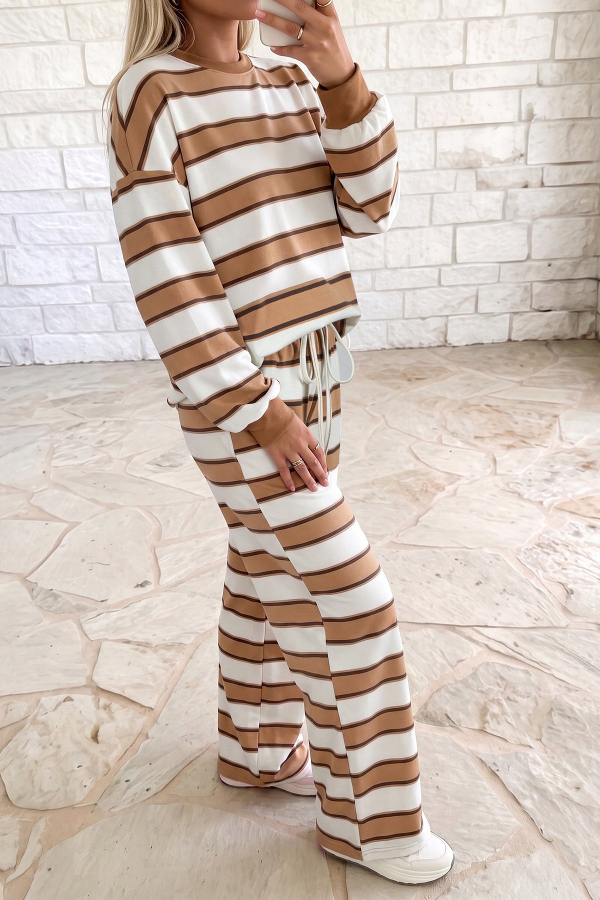 Khaki Stripe Contrast Trim Patchwork Casual Two-Piece Pants Set 🇺🇸