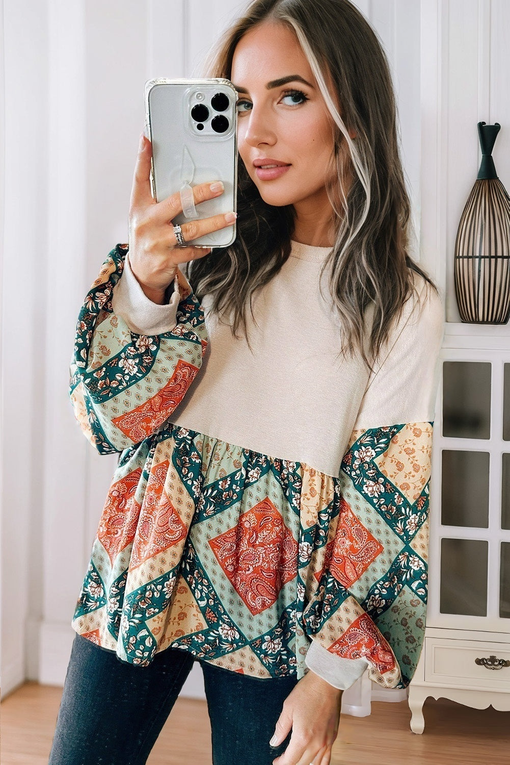 Jet Stream Paisley Geometric Patchwork Crew Neck Loose Fit Top 🇺🇸