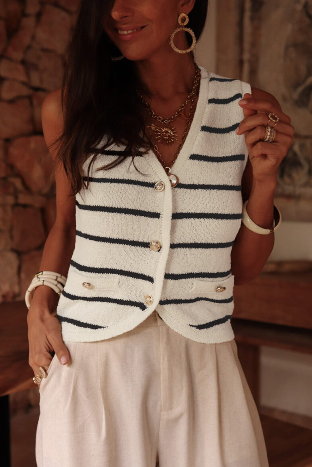 Black Stripe Buttoned V Neck Slim Fit Sweater Vest 🇺🇲