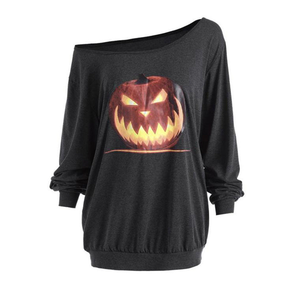 Cross Shoulder Halloween Angry Pumpkin Print Top 🇨🇳