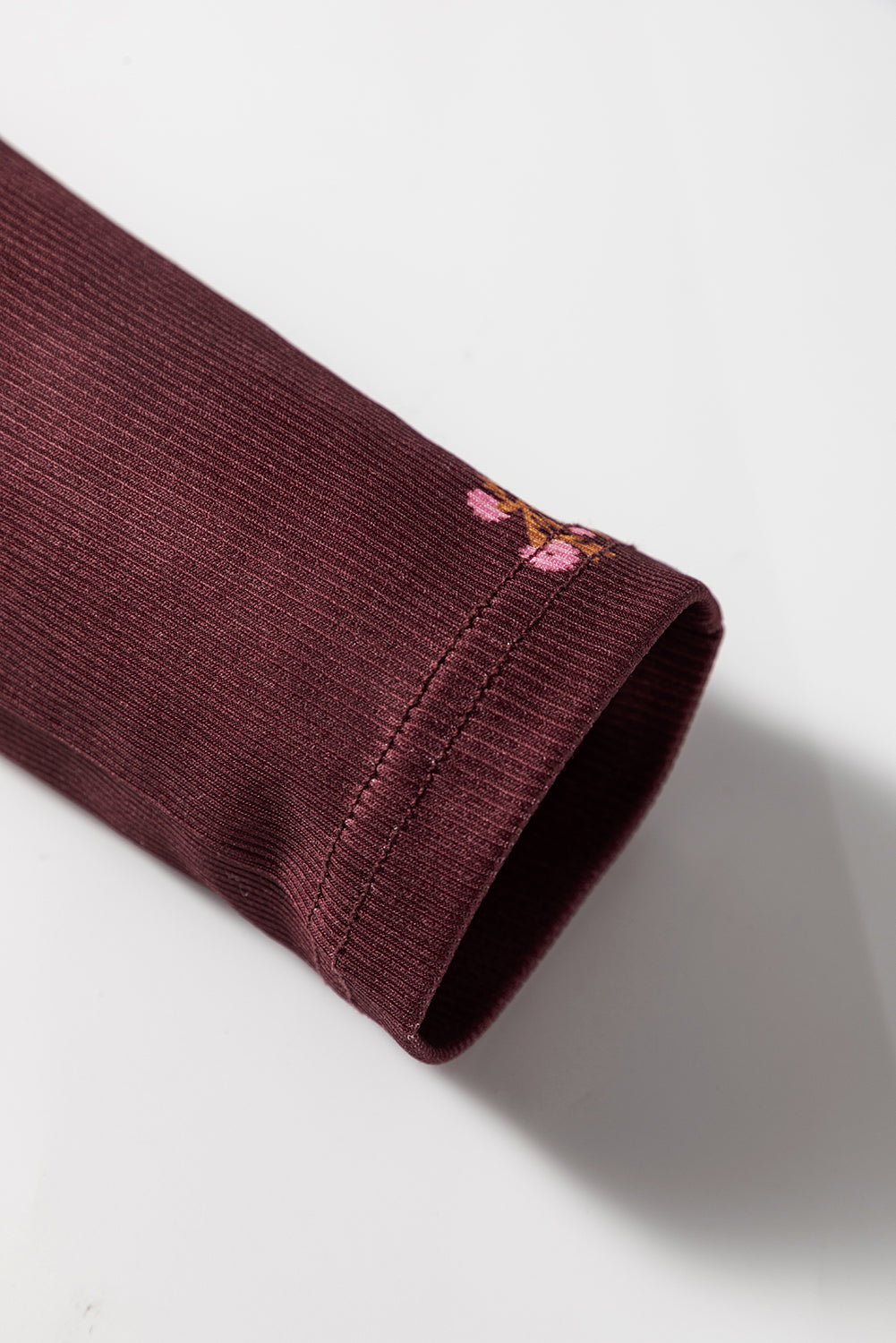 Burgundy Notched Neck Floral Print Ribbed Long Sleeve Top 🇺🇲