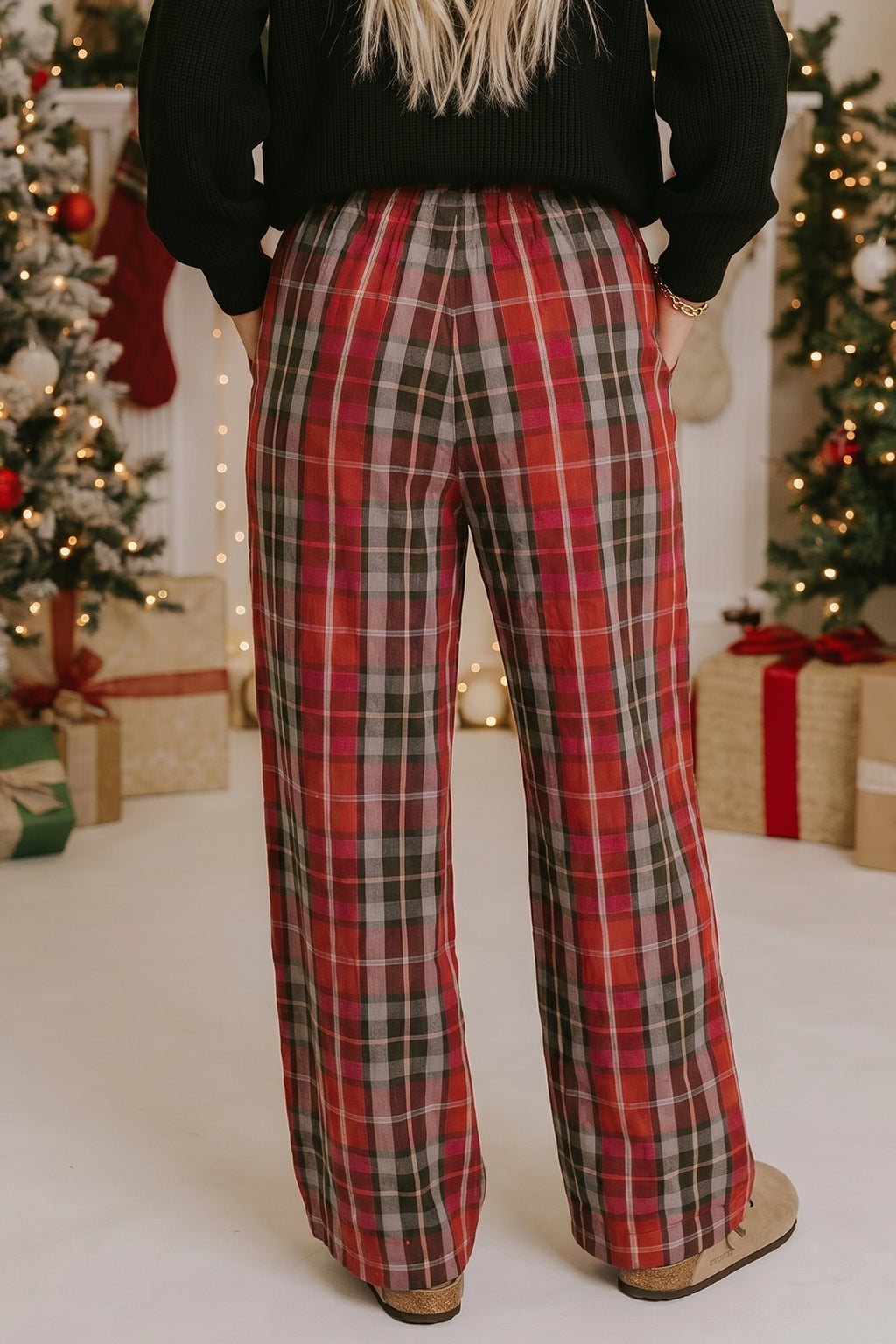 Red Plaid Elastic Waist Pocket Regular Full-Length Pants 🇺🇸
