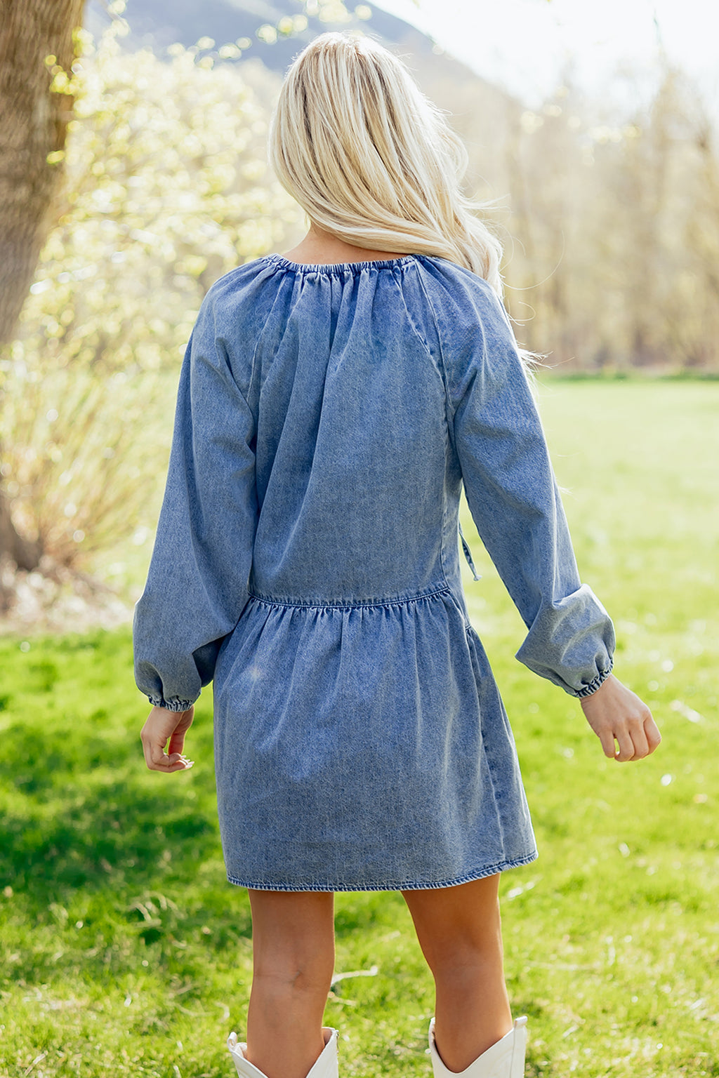 Myosotis Puff Sleeve V Neck Ruffled Loose Denim Mini Dress 🇺🇸