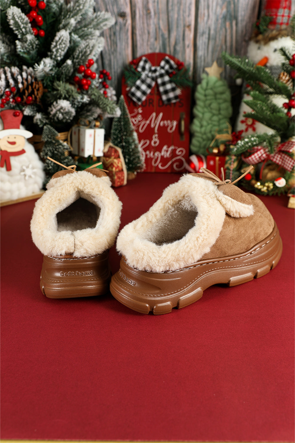 Straw Yellow Cozy Faux Fur Lined Bow Decor Clog Slippers 🇺🇸