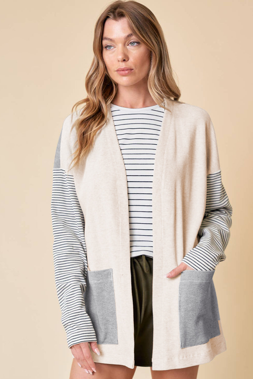 Black Stripe Colorblock Patchwork Open Front Cardigan with Pocket 🇺🇲