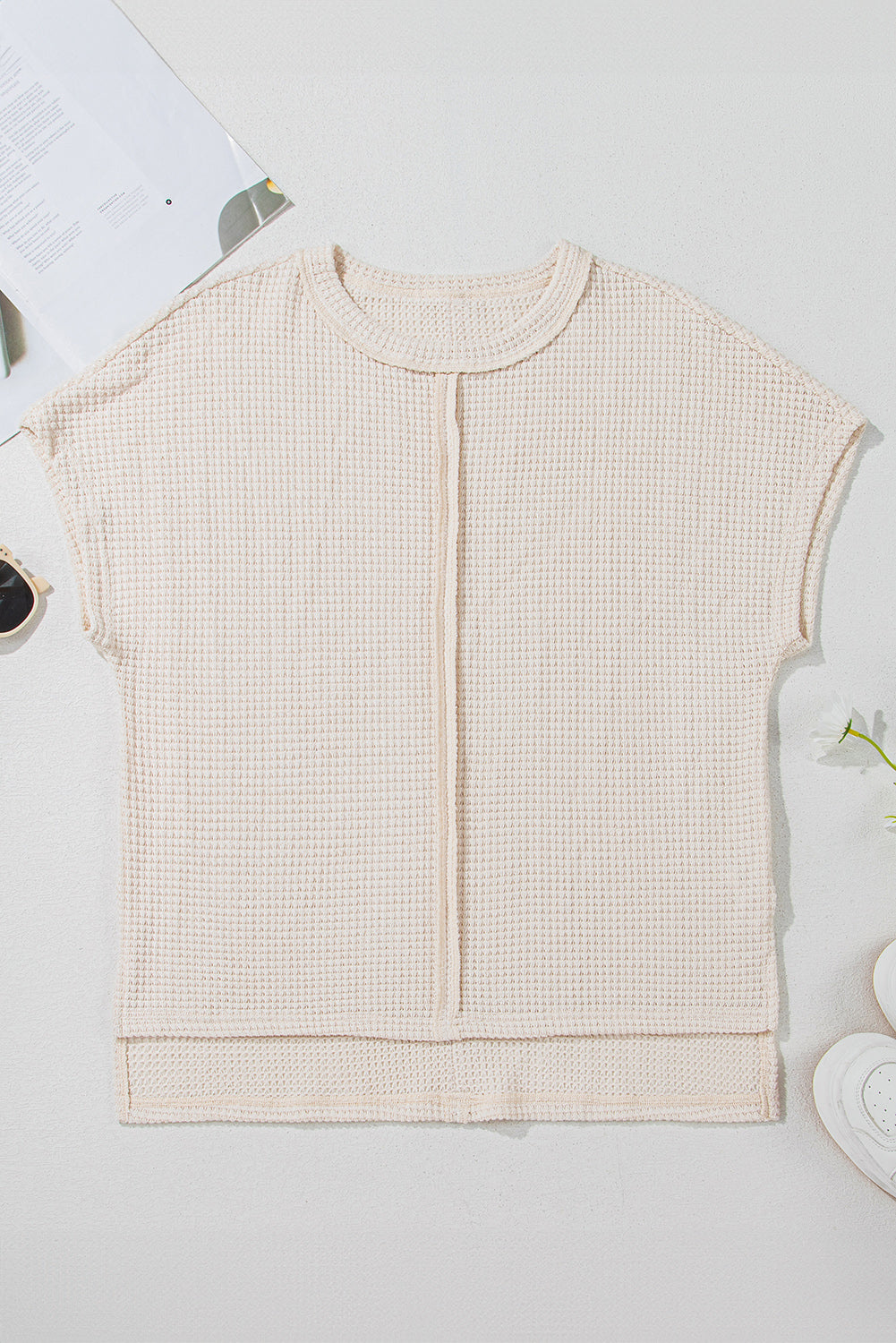 Pale Khaki Solid Color Textured Seamed Short Sleeve Top 🇨🇳