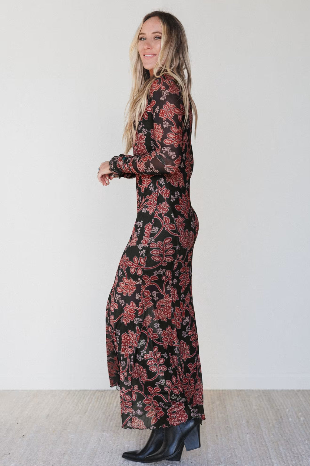 Black Retro Floral Print Long Sleeve Casual Mesh Dress 🇺🇸