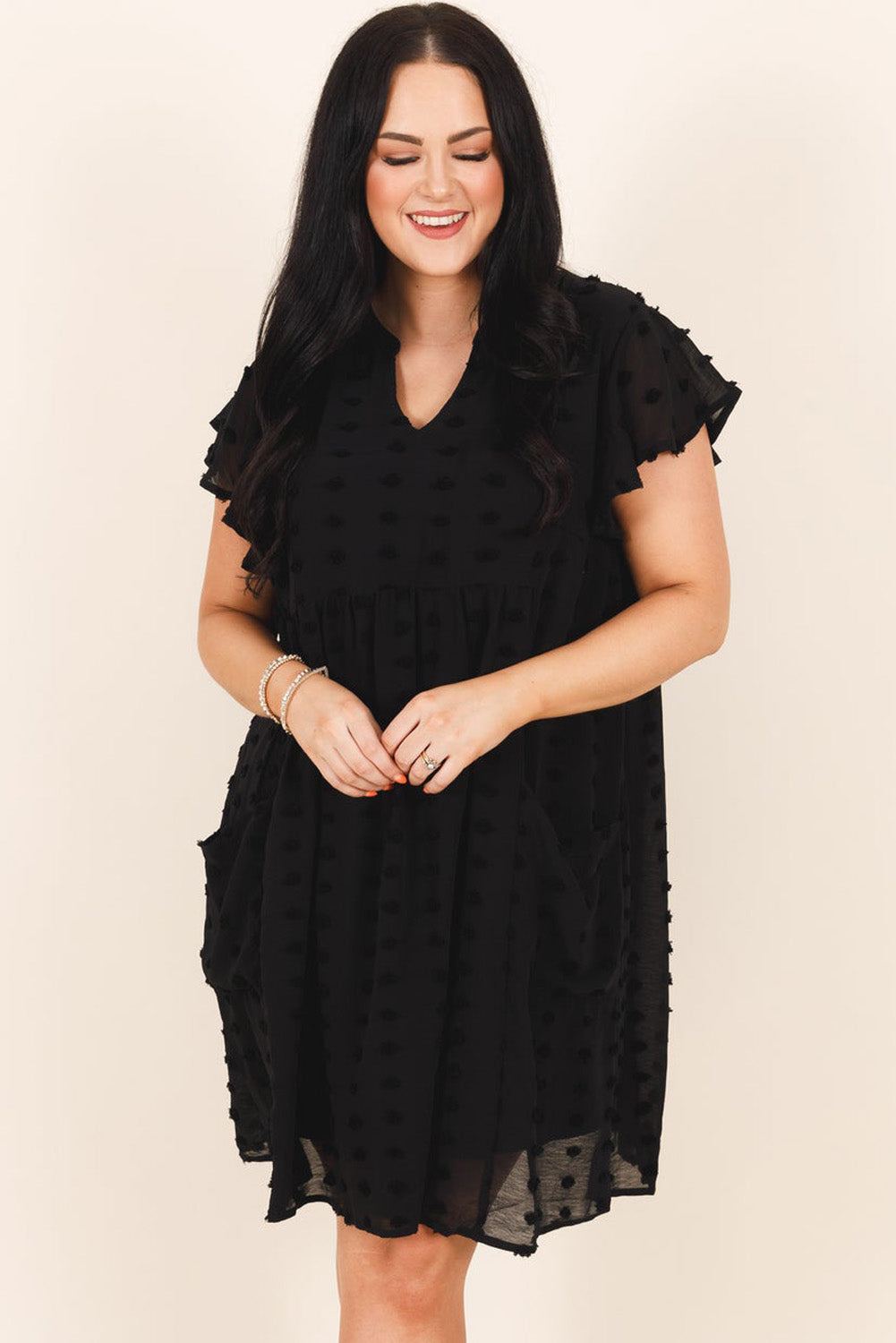 Black Dotty Textured Notched Neck Plus Ruffled Dress 🇺🇲