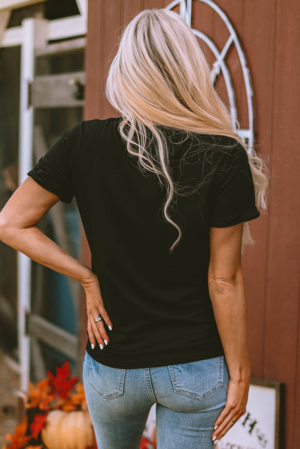 Black Sequin Bow Ghost Patched Halloween Graphic Tee 🇺🇸