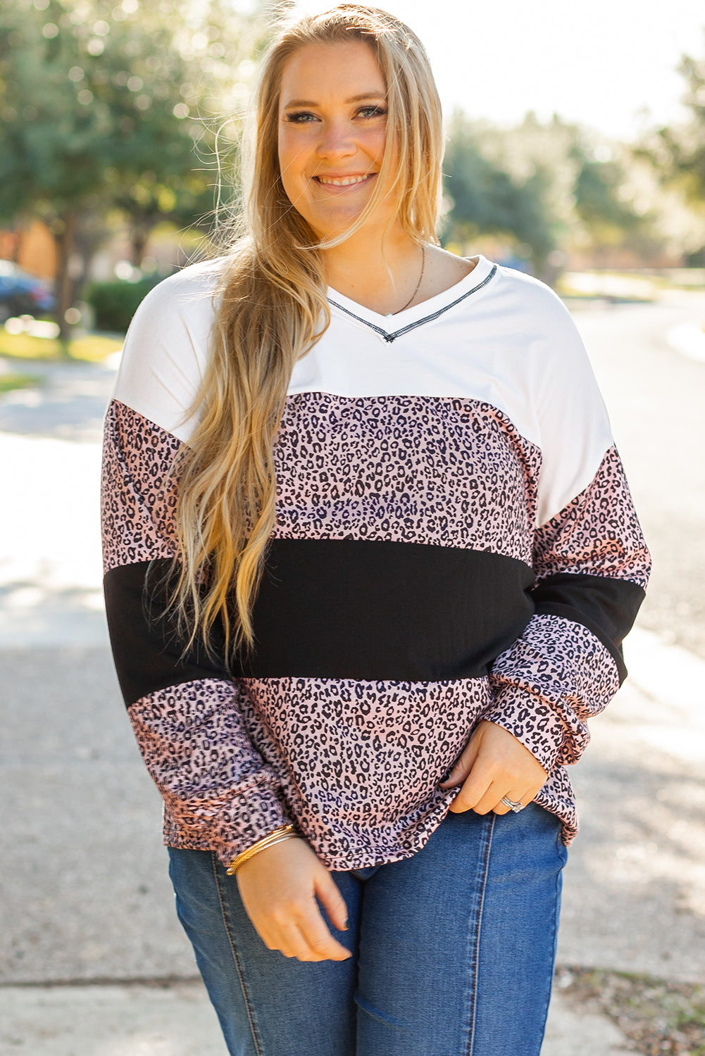 Black Leopard Print Colorblock V Neck Long Sleeve Plus Size Top 🇺🇸
