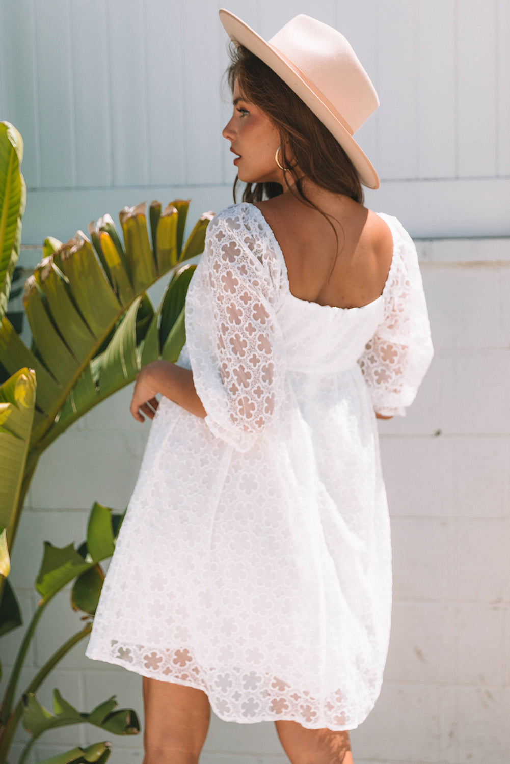 White Floral Lace Puff Sleeve Empire Waist Mini Dress 🇨🇳