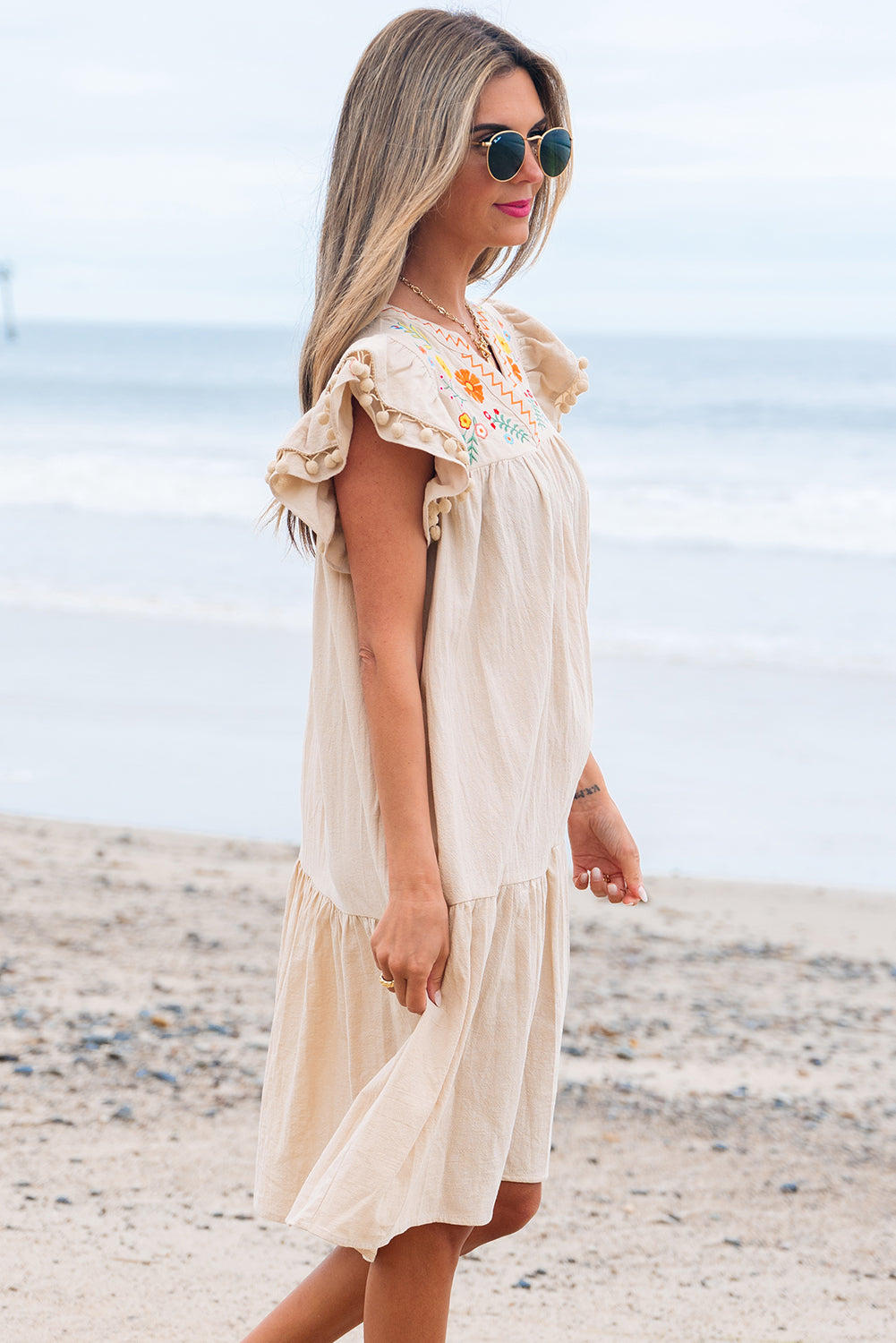 Jet Stream Linen Embroidery Split Neck Pom Pom Ruffle Sleeves Flowy Short Dress 🇺🇸