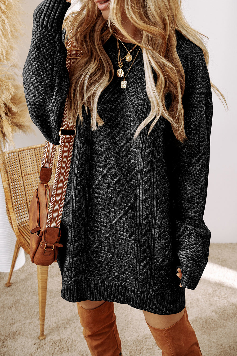 Black Cable Knit Drop Shoulder Loose Fit Sweater Dress 🇺🇸