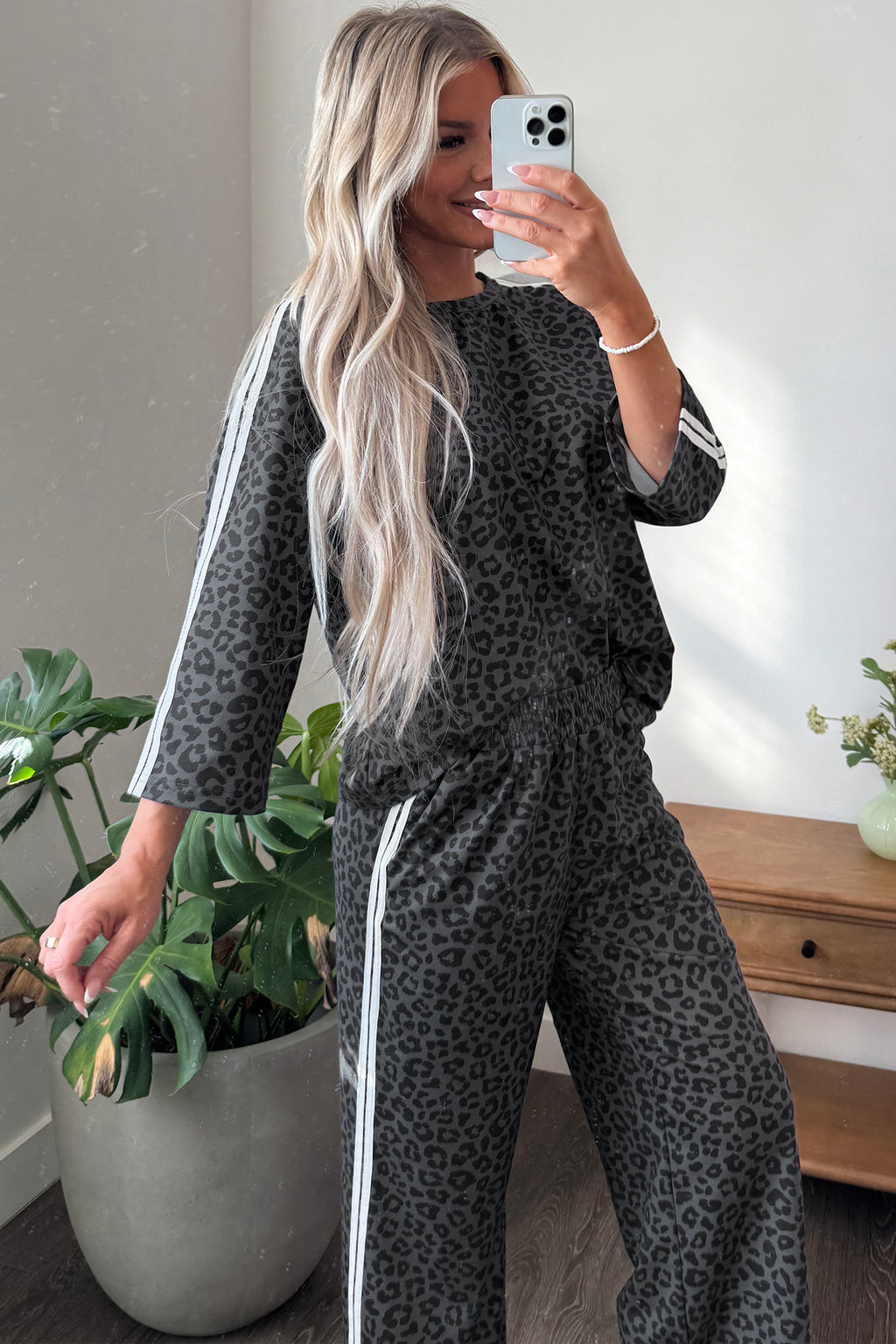 Gray Leopard Print Varsity Striped Detail 3/4 Sleeve Top Shift Pant Set 🇺🇸
