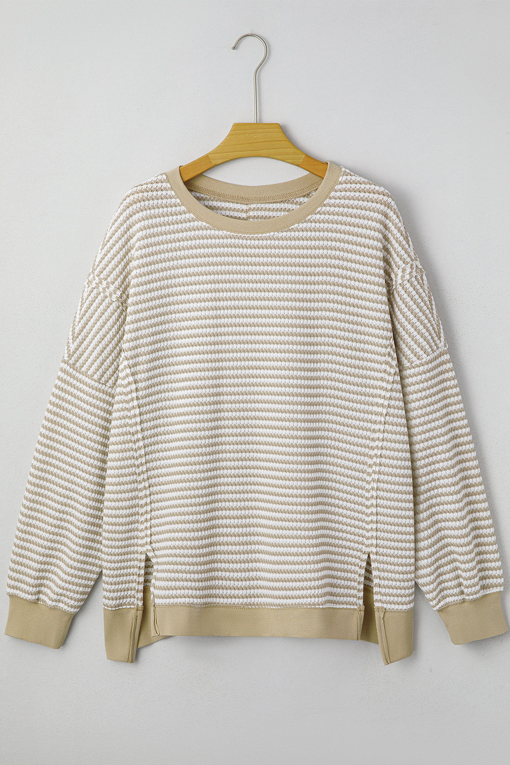 Brown Stripe Plus Size Breathable Knit Ribbed Trim Long Sleeve Top 🇺🇸
