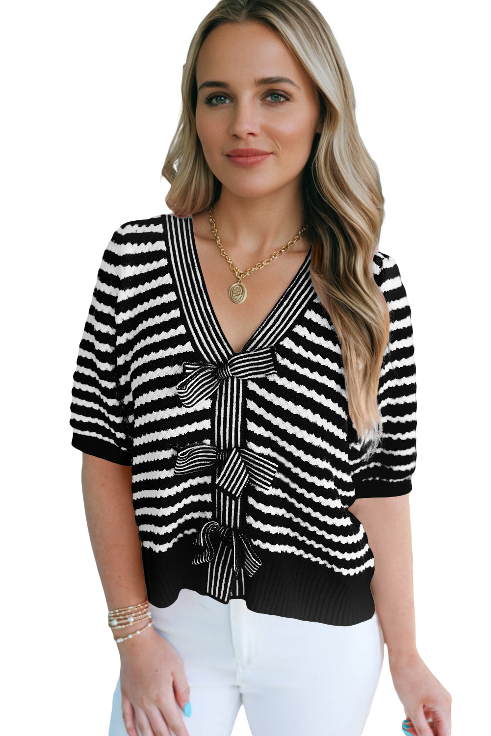 Black Stripe Short Sleeve Knit V Neck Bow Knot Sweater 🇺🇸