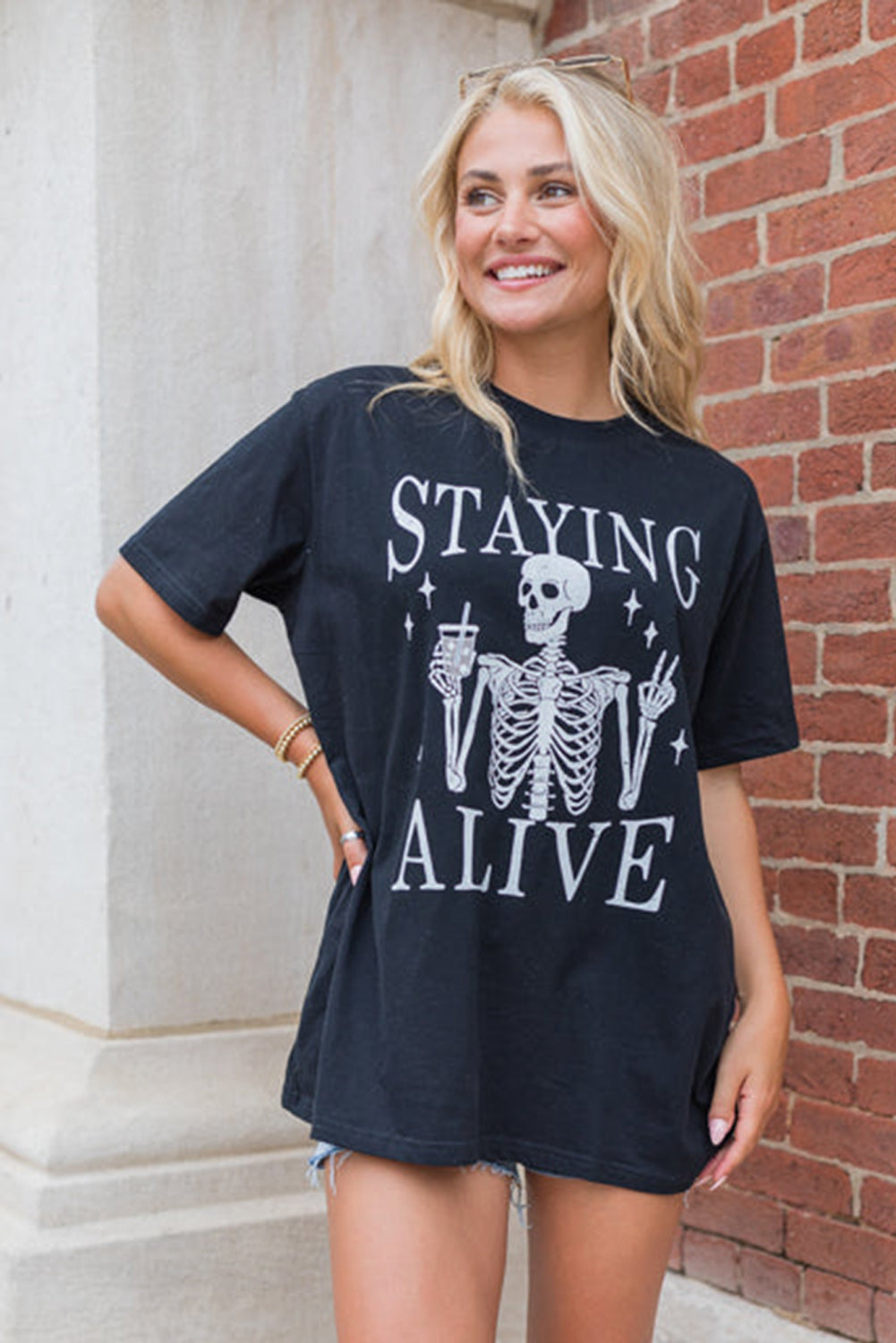 Black STAYING ALIVE Funny Skeleton Print Round Neck T Shirt 🇺🇸