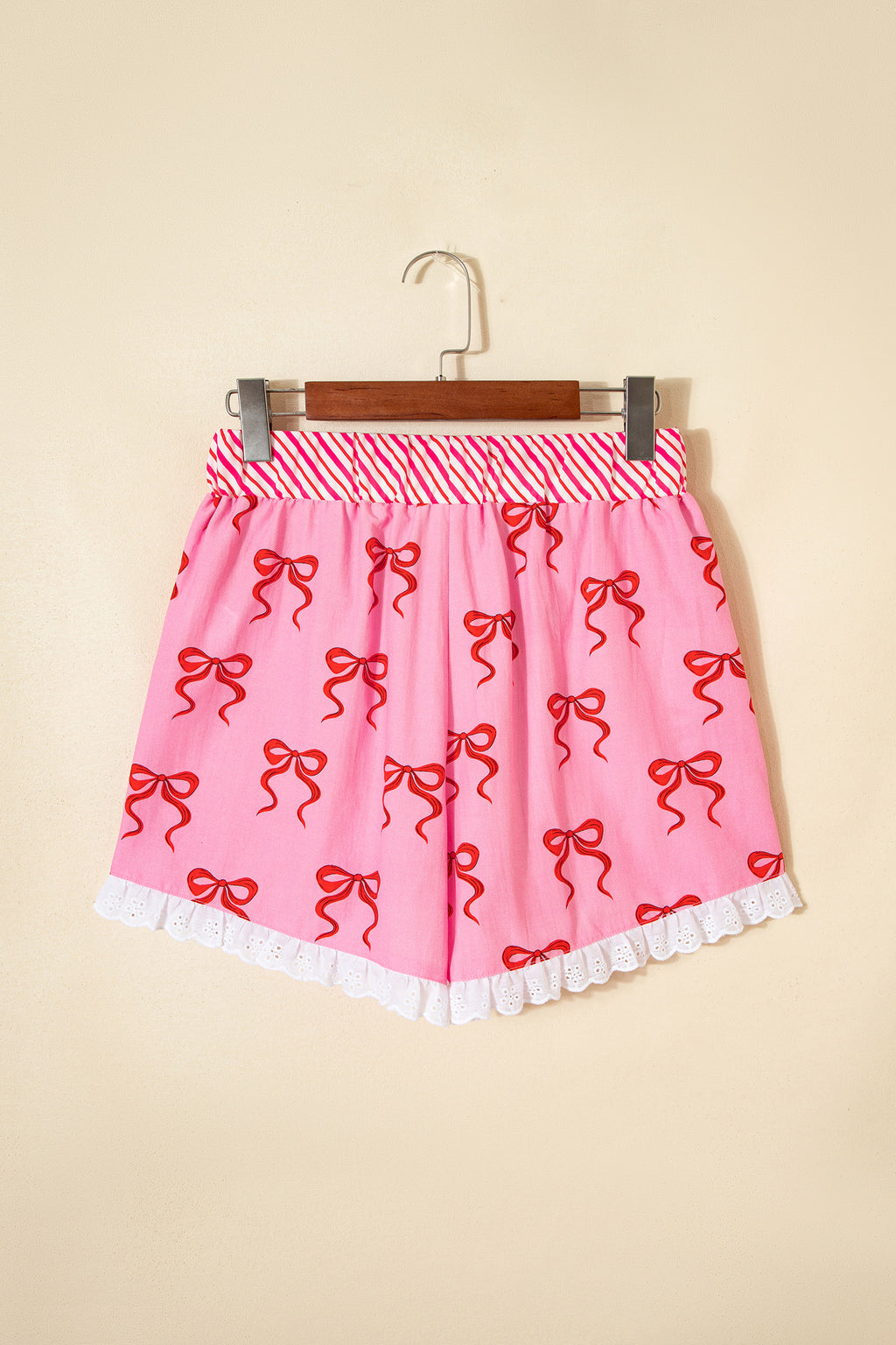 Pink Bow Print Striped Patchwork Elastic Waist Lace Trim Loose Shorts 🇺🇸