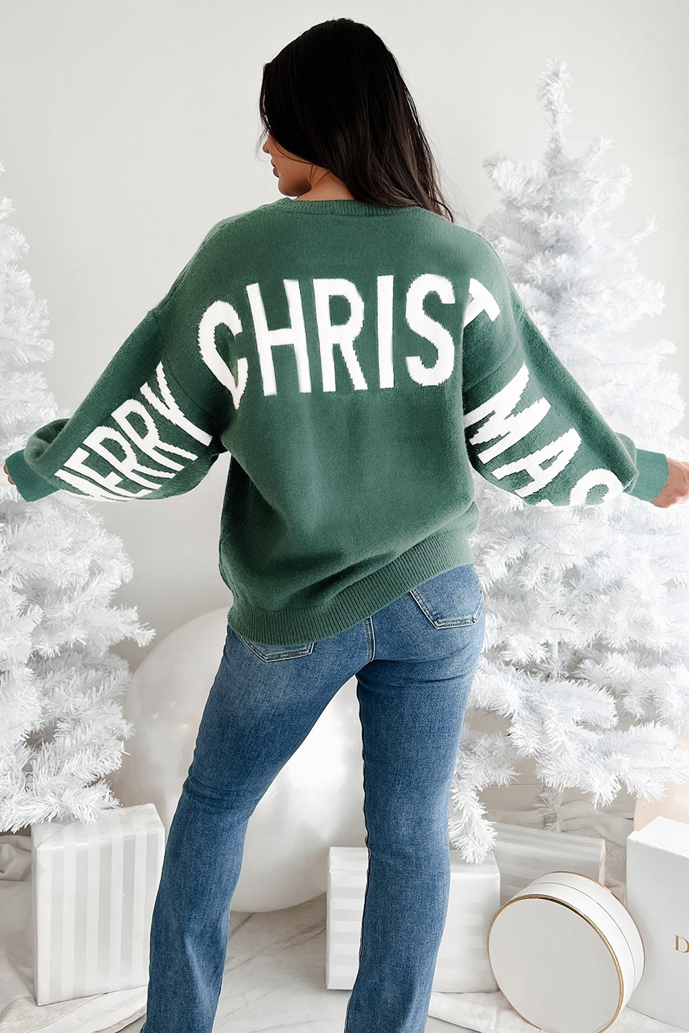 Blackish Green HO HO HO MERRY CHRISTMAS Drop Shoulder Loose Sweater 🇺🇸