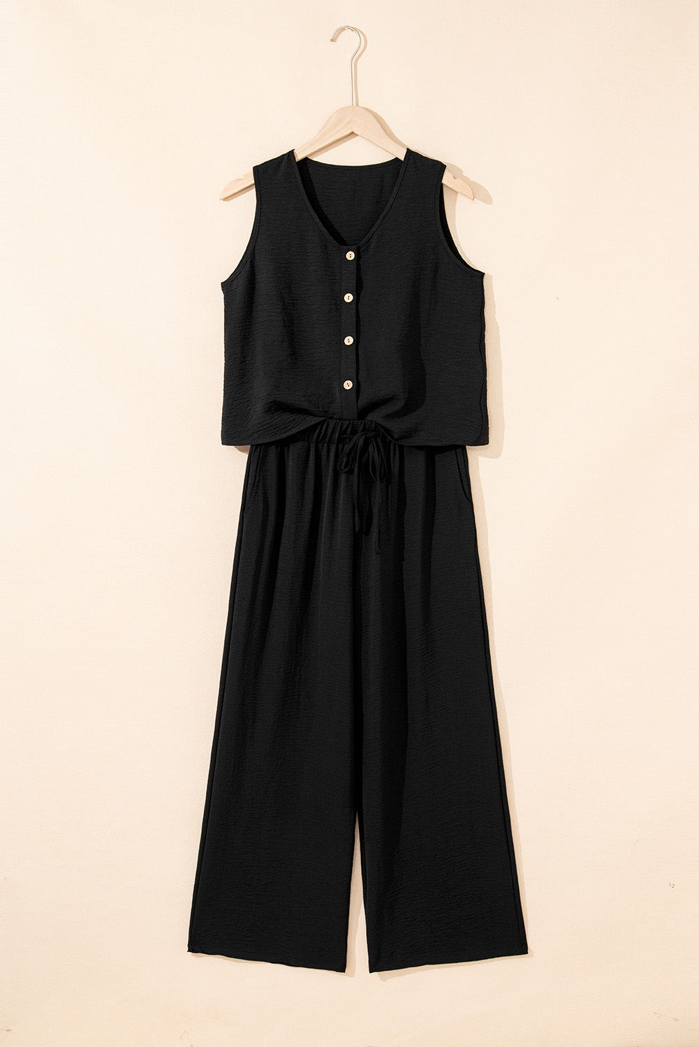 Black Buttoned Vest Drawstring Wide Leg Pants 2pcs Set 🇨🇳