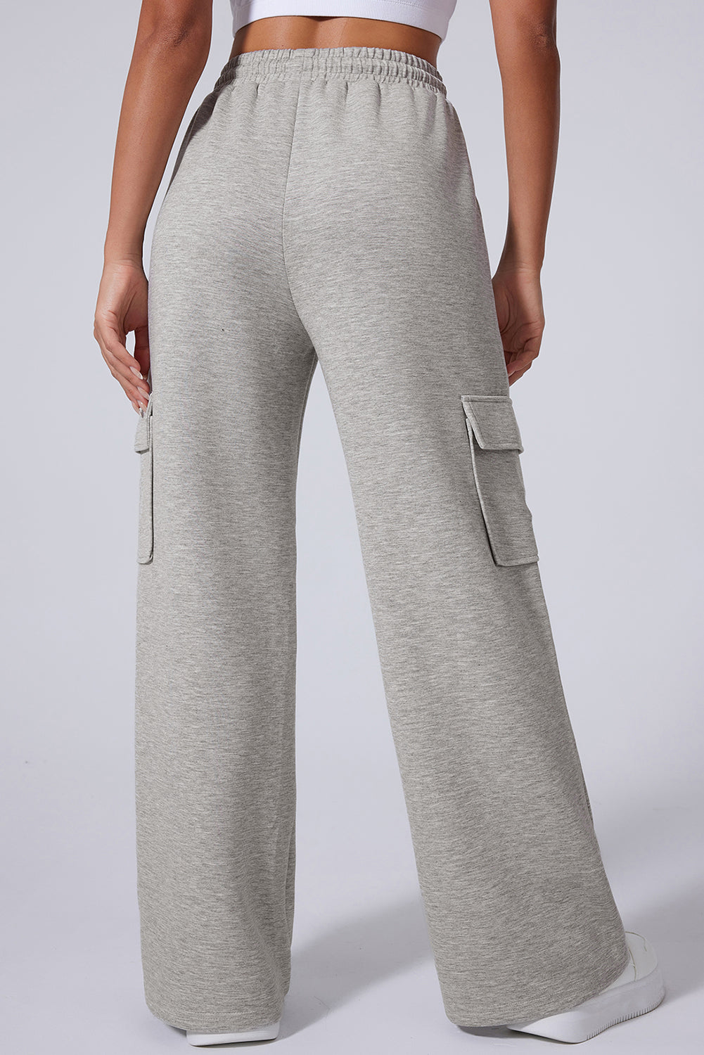 Light Grey Multi Pockets Lace-up High Waist Wide Leg Workout Pants 🇺🇲