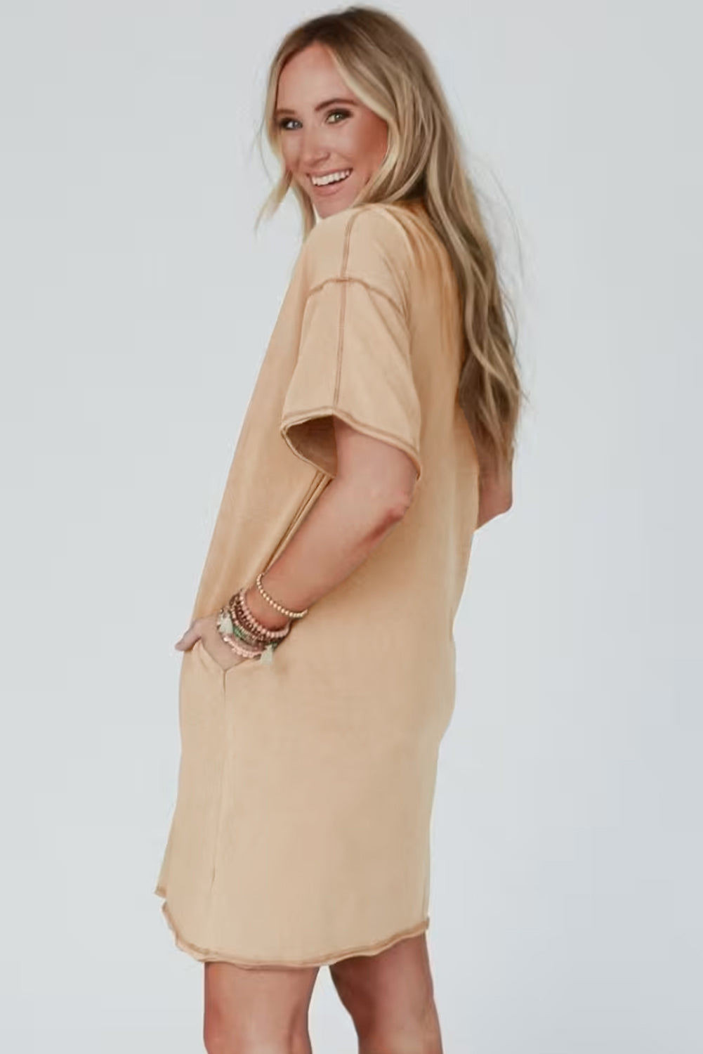 Pale Khaki Mineral Wash Stud Beaded Star Graphic Pocketed T Shirt Dress 🇨🇳