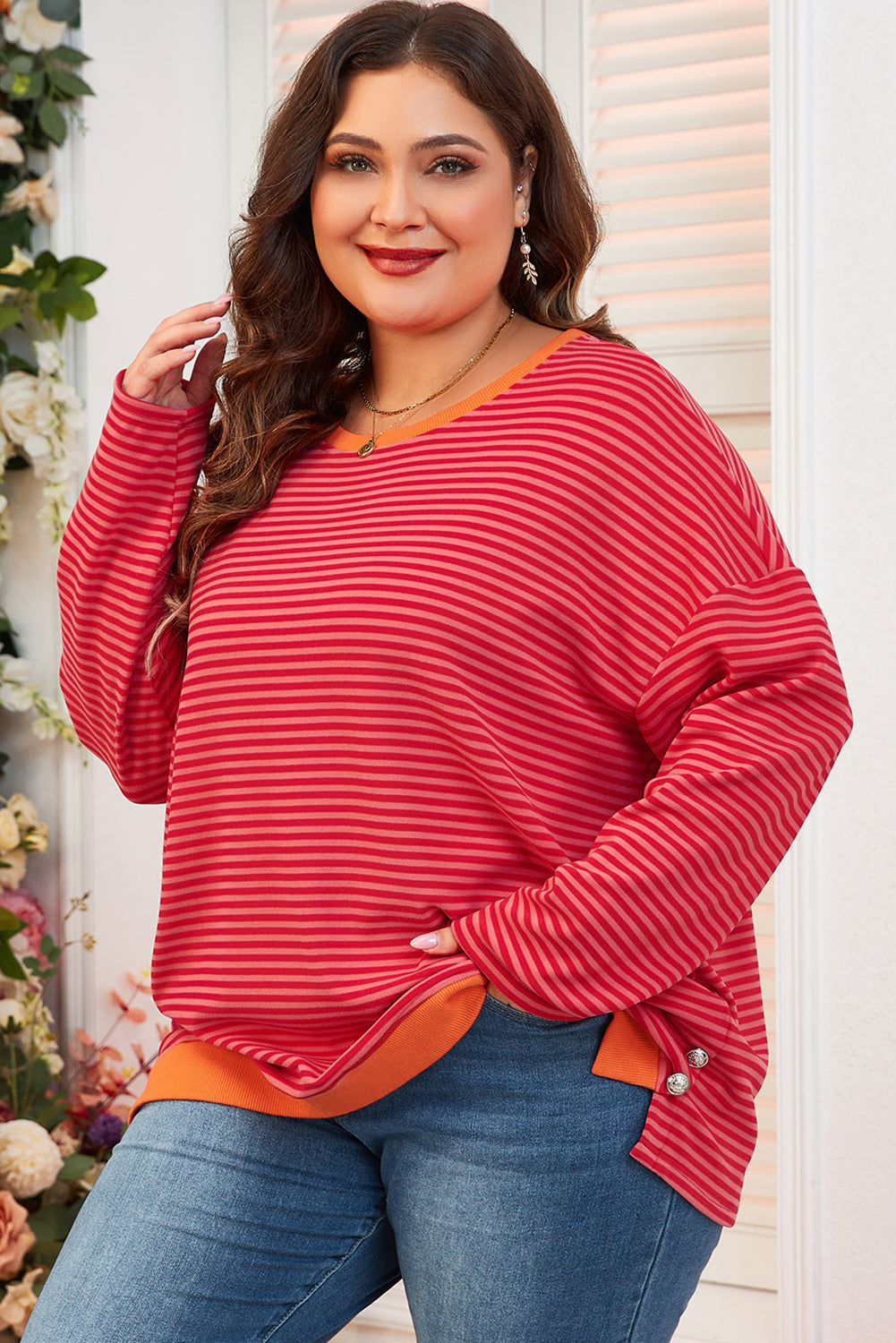 Orange Stripe Plus Size Drop Shoulder Long Sleeve Buttoned Decor Top 🇨🇳