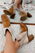Camel Two Tone Faux Suede Square Toe Chunky Heel Boots 🇺🇸