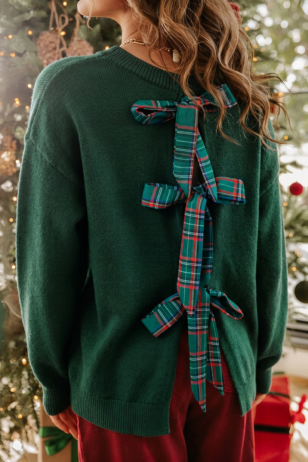 Blackish Green Plaid Bow Detail Drop Shoulder Christmas Sweater 🇺🇸
