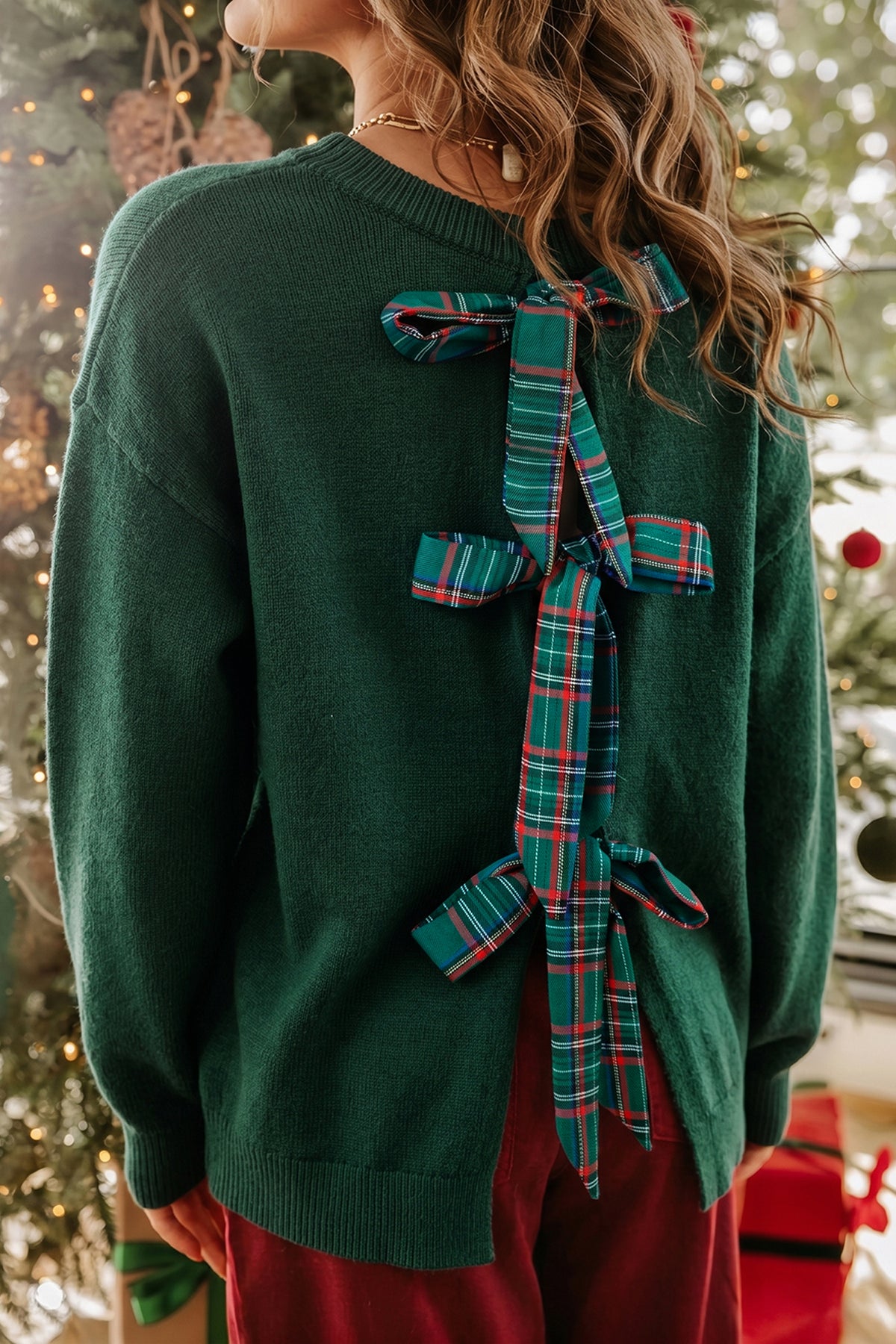 Blackish Green Plaid Bow Detail Drop Shoulder Christmas Sweater 🇺🇸