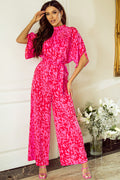 Rose Leopard Loose Sleeve Belted Wide Leg Jumpsuit 🇺🇸