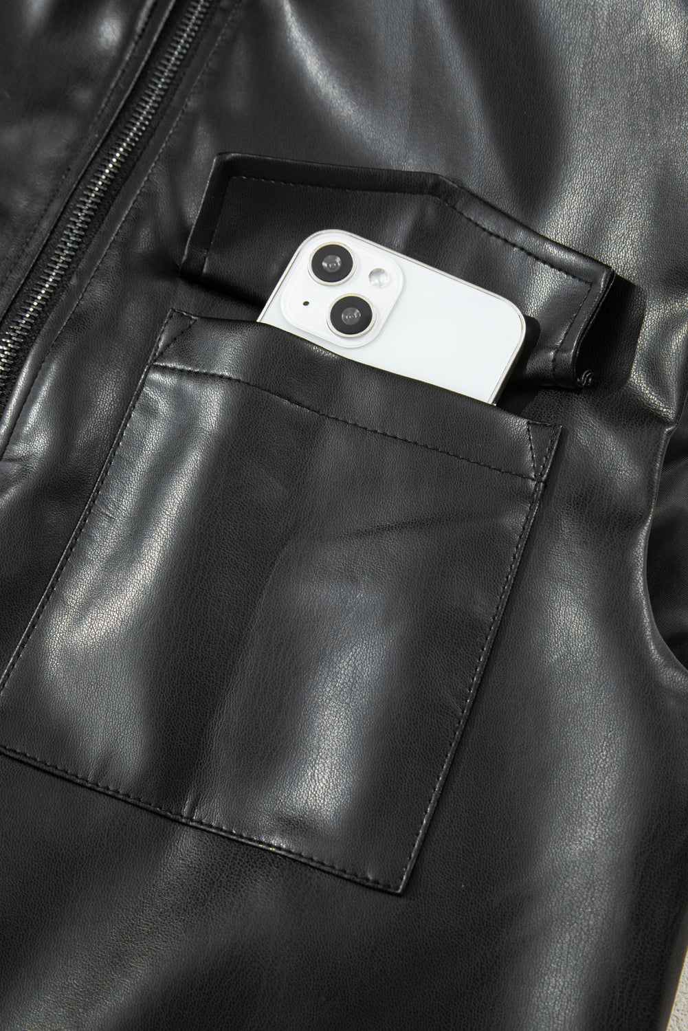 Black Double Flap Pocket Faux Leather Zip Up Stand Neck Vest 🇺🇸