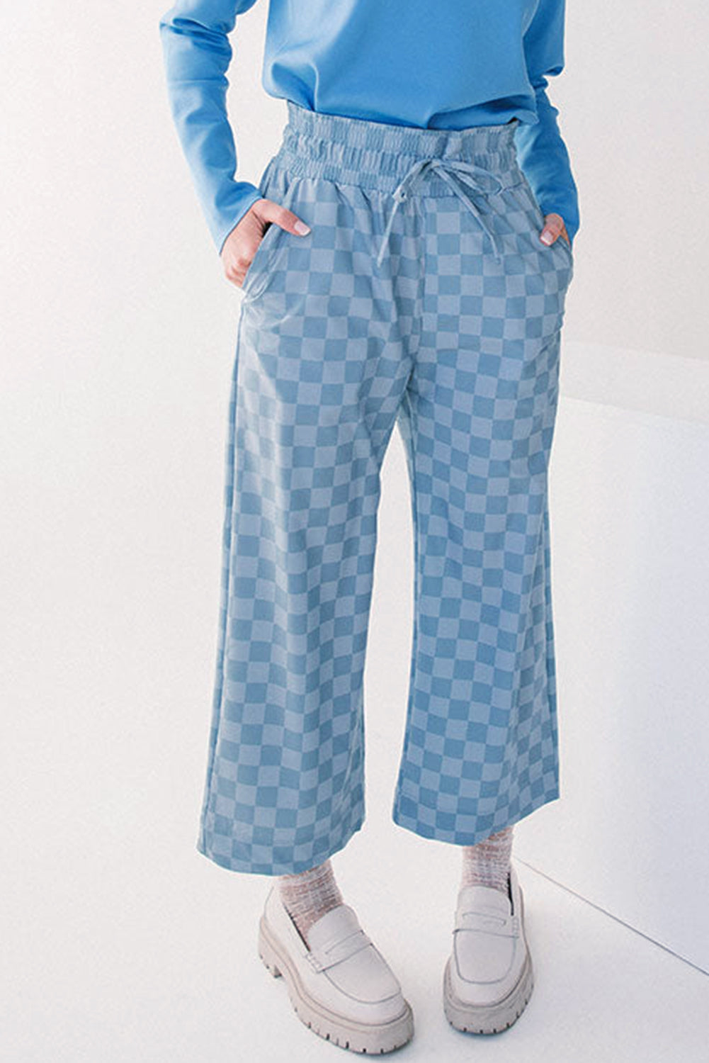 Sky Blue Checkered Elastic High Waist Loose Casual Pants 🇨🇳