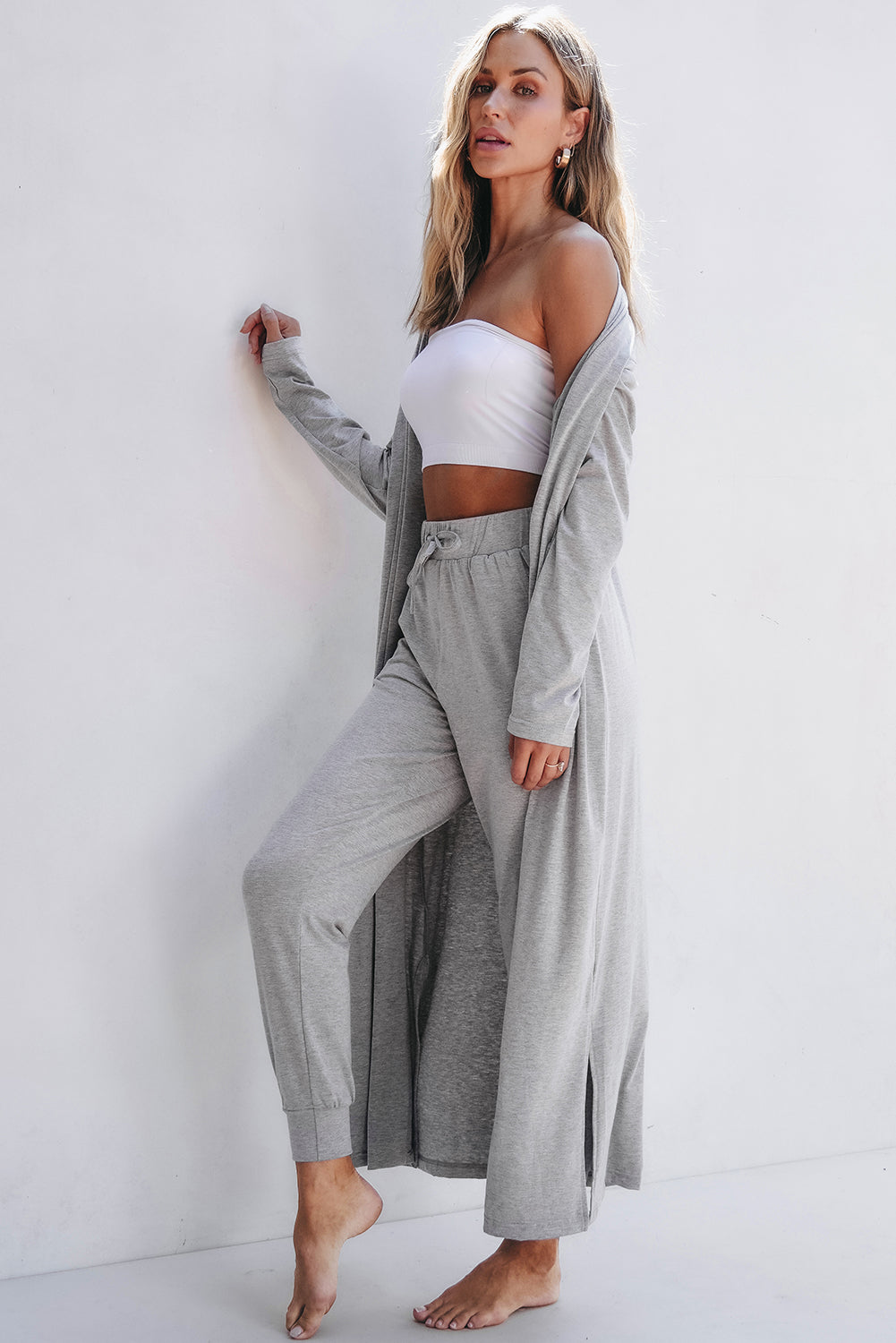 Light Grey Split Long Cardigan and Skinny Pants Lounge Set 🇨🇳