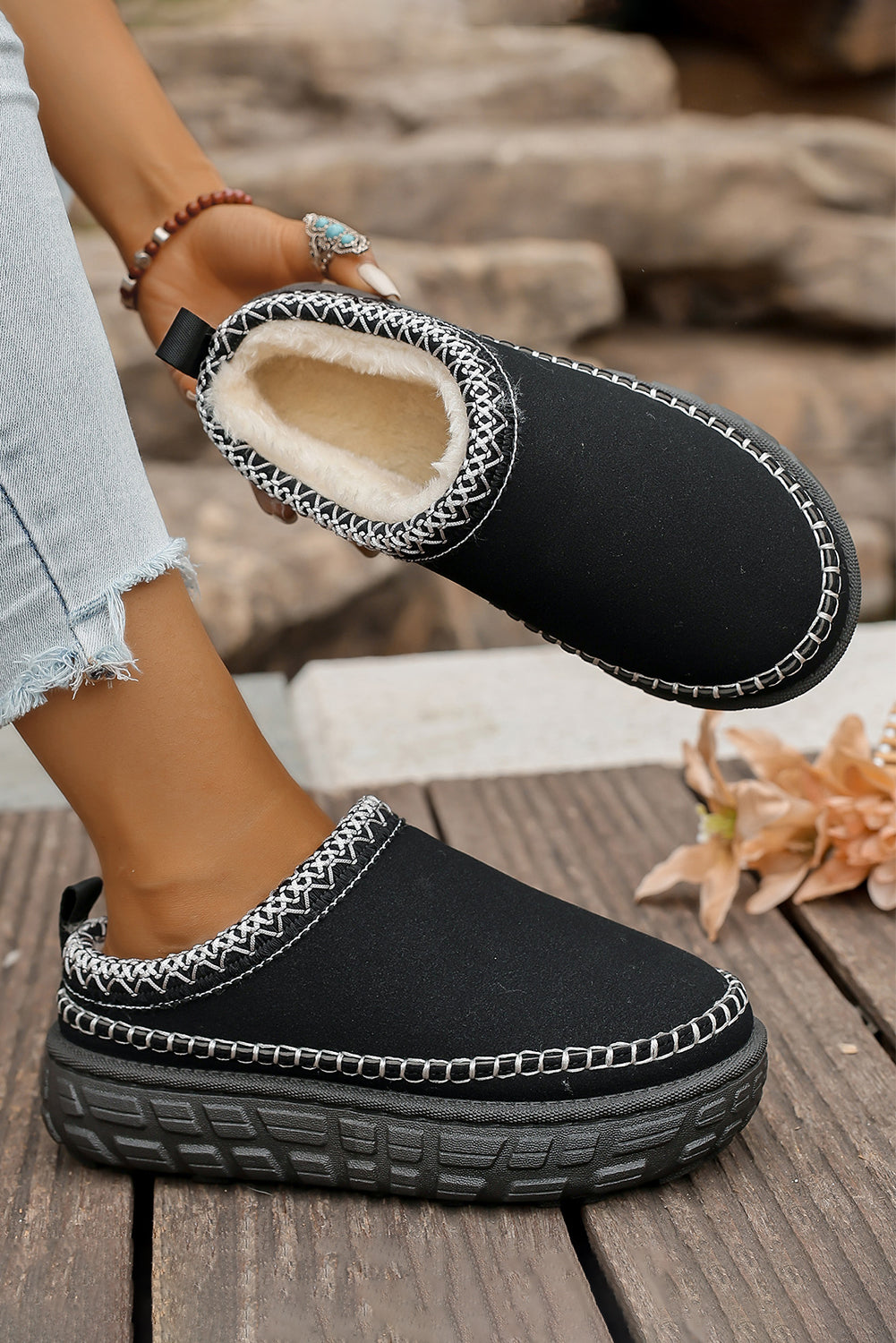 Black Faux Suede Woven Trim Plush Lining Platform Slippers 🇺🇸
