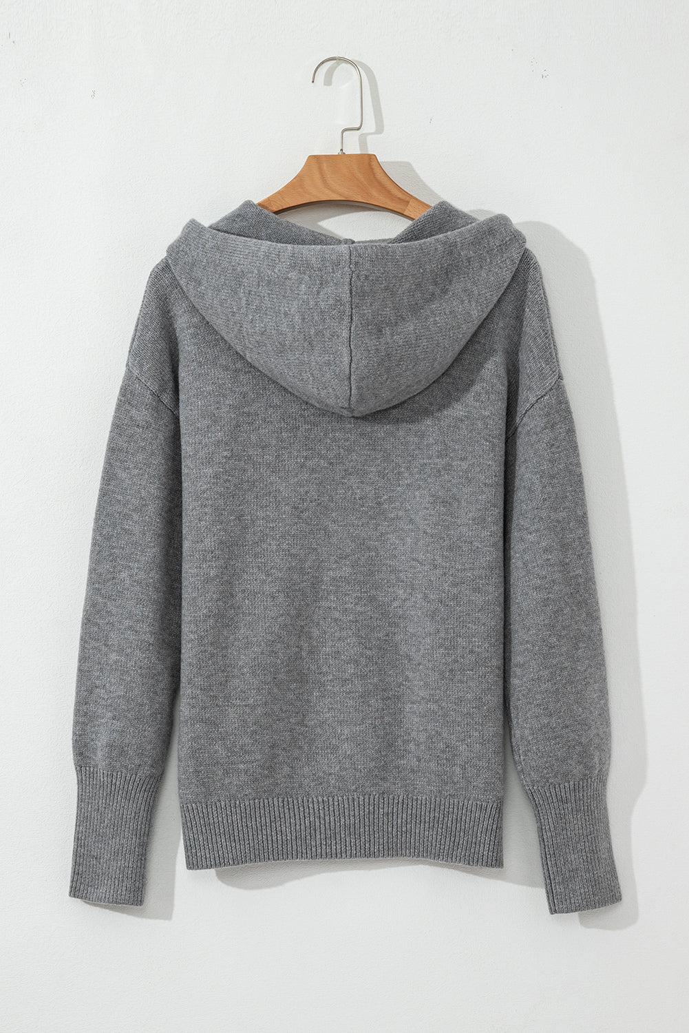 Medium Grey Drawstring Hooded Button Up Drop Shoulder Sweater Cardigan 🇨🇳