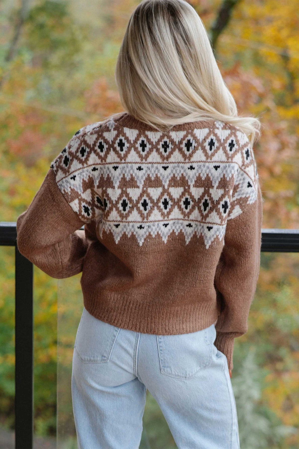 Khaki Geometric Print Drop Shoulder Casual Pullover Sweater 🇺🇸