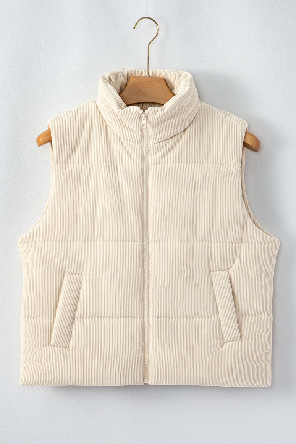 Beige Corduroy Stand Neck Zipped Puffer Vest 🇺🇸