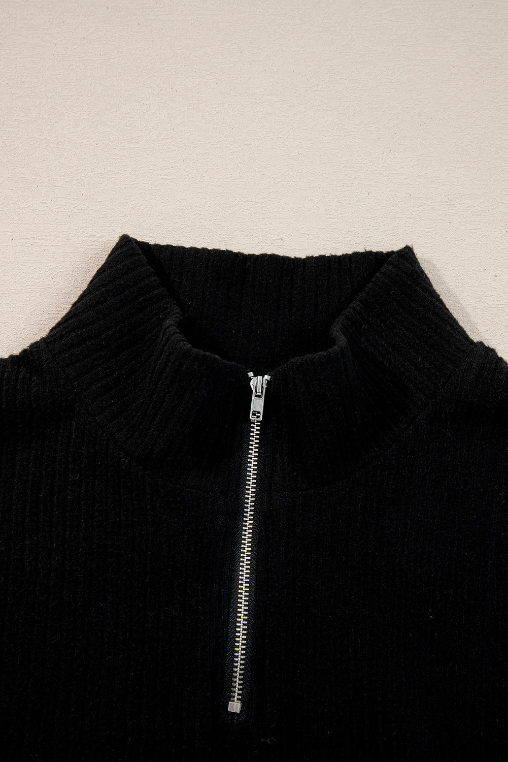 Black Ribbed Zip Stand Neck Drop Shoulder Pullover Bodycon Skirt 2pcs Set 🇺🇸