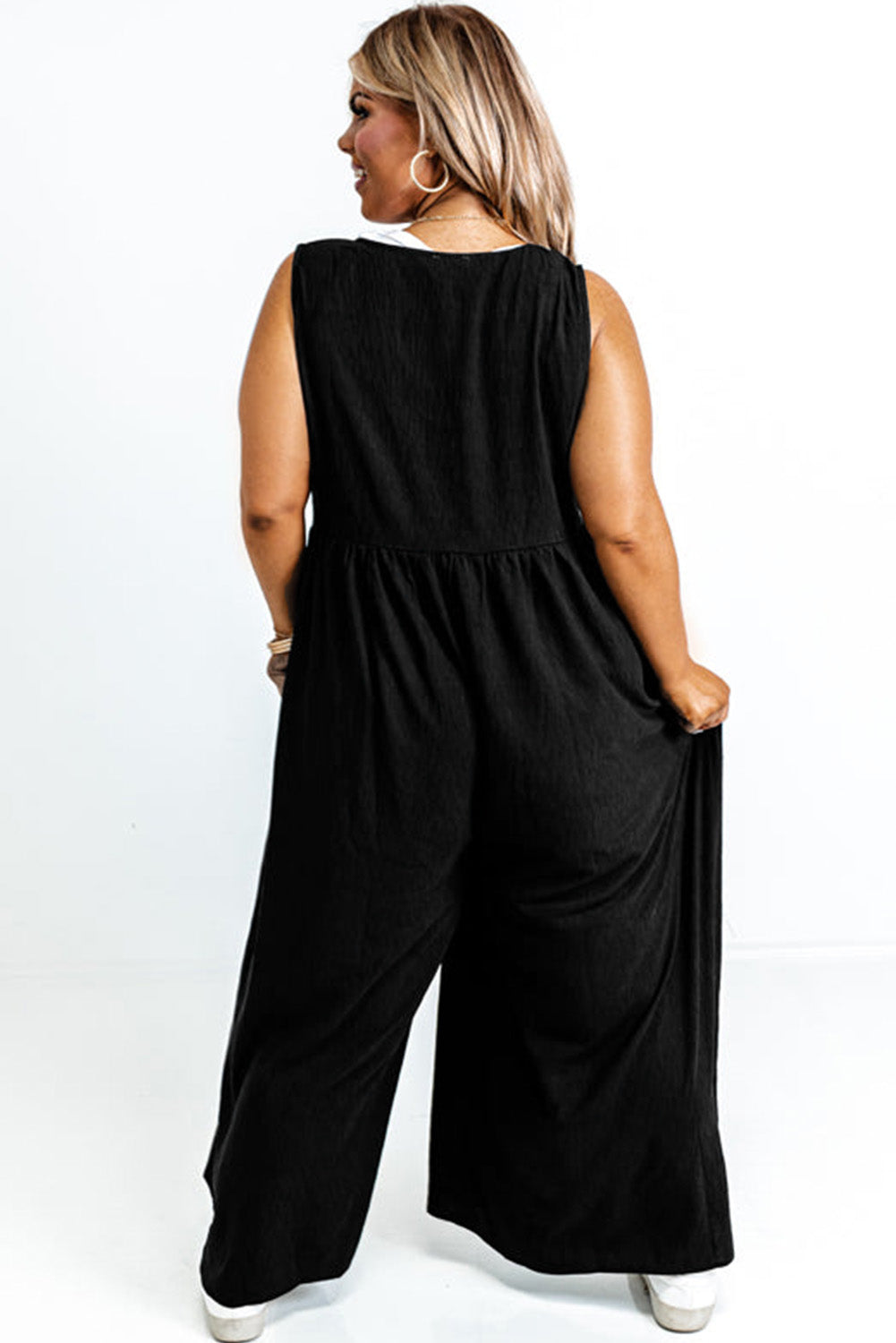 Black Plus Size Sleeveless Button Front Loose Jumpsuit 🇺🇲