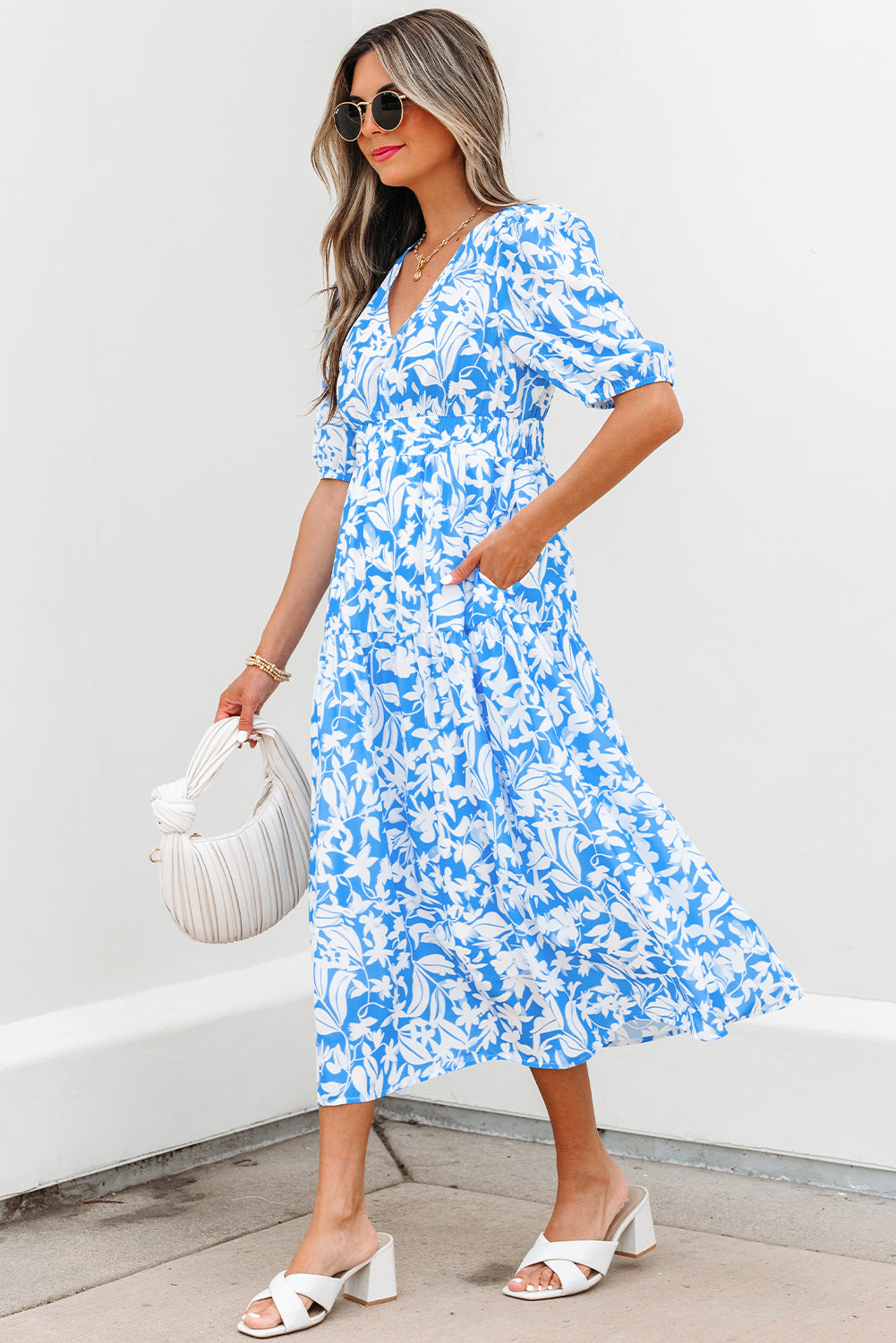 Sky Blue Floral V Neck Puff Short Sleeve Flowy Long Dress 🇺🇸