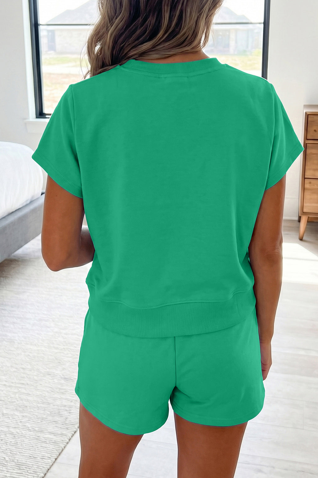 Sea Green Solid Color Loose Tee Drawstring Shorts 2pcs Outfit 🇺🇸