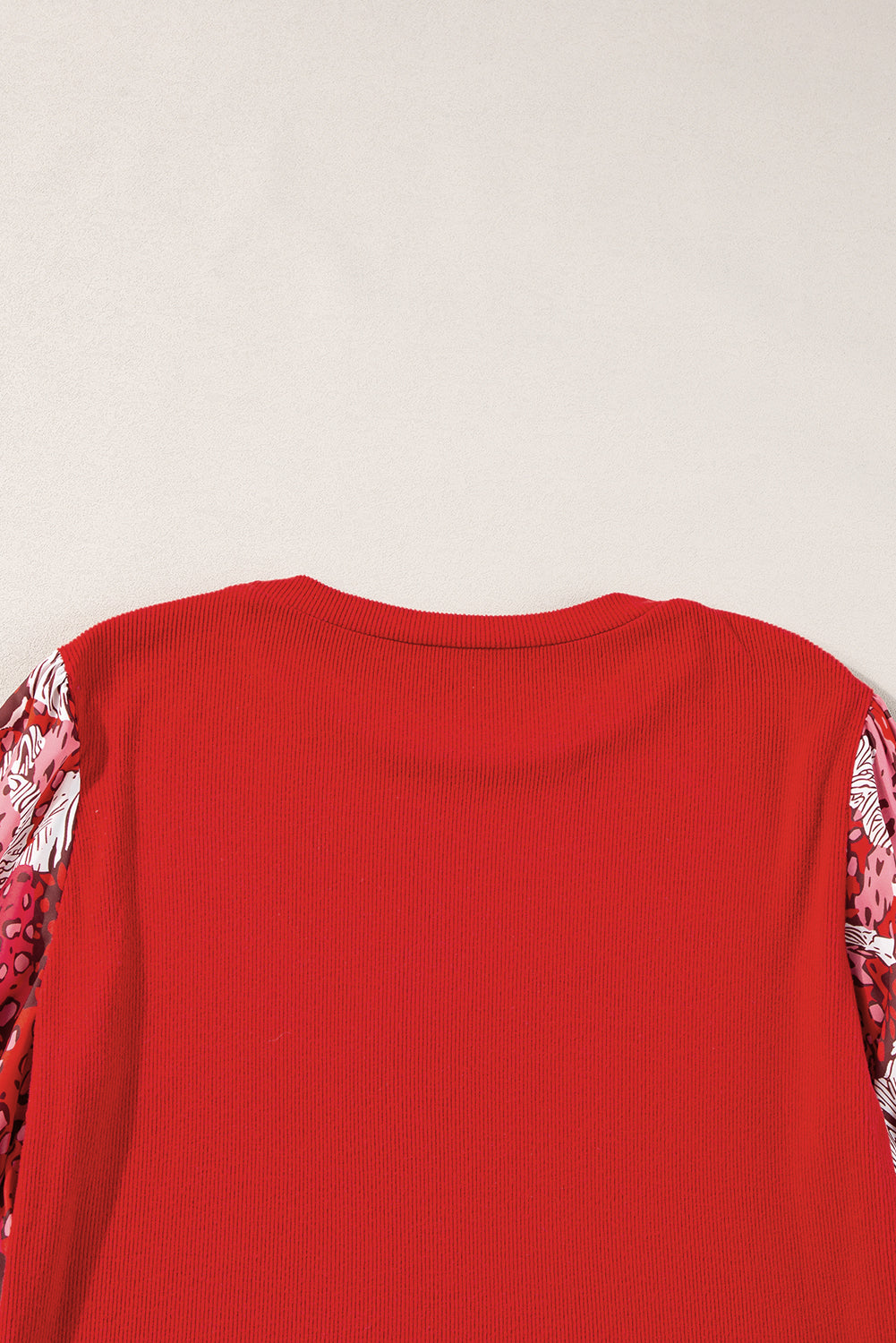 Fiery Red Contrast Mixed Animal Print Lantern Sleeve Patchwork Top 🇺🇸