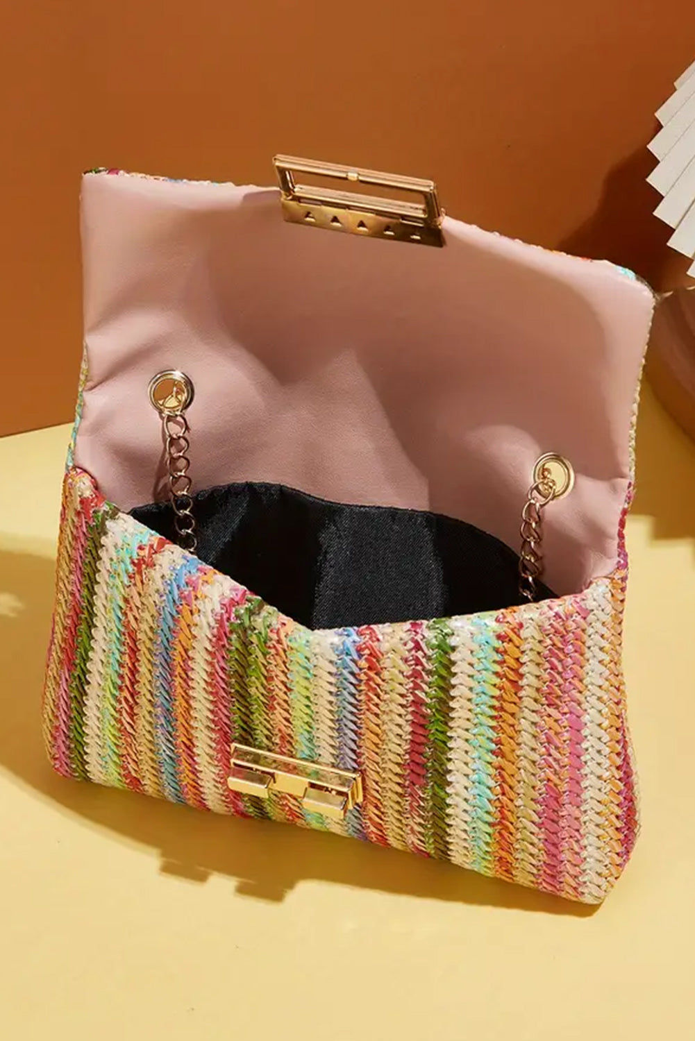 Strawberry Pink Bohemian Woven Gold Chain Shoulder Bag 🇨🇳
